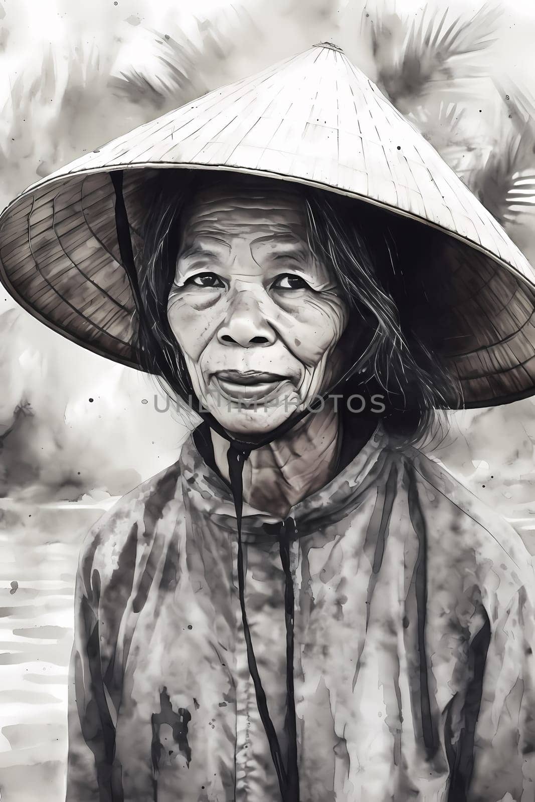 A woman 50 years old Asian is being portrayed in a beautiful rice field setting (generative AI)