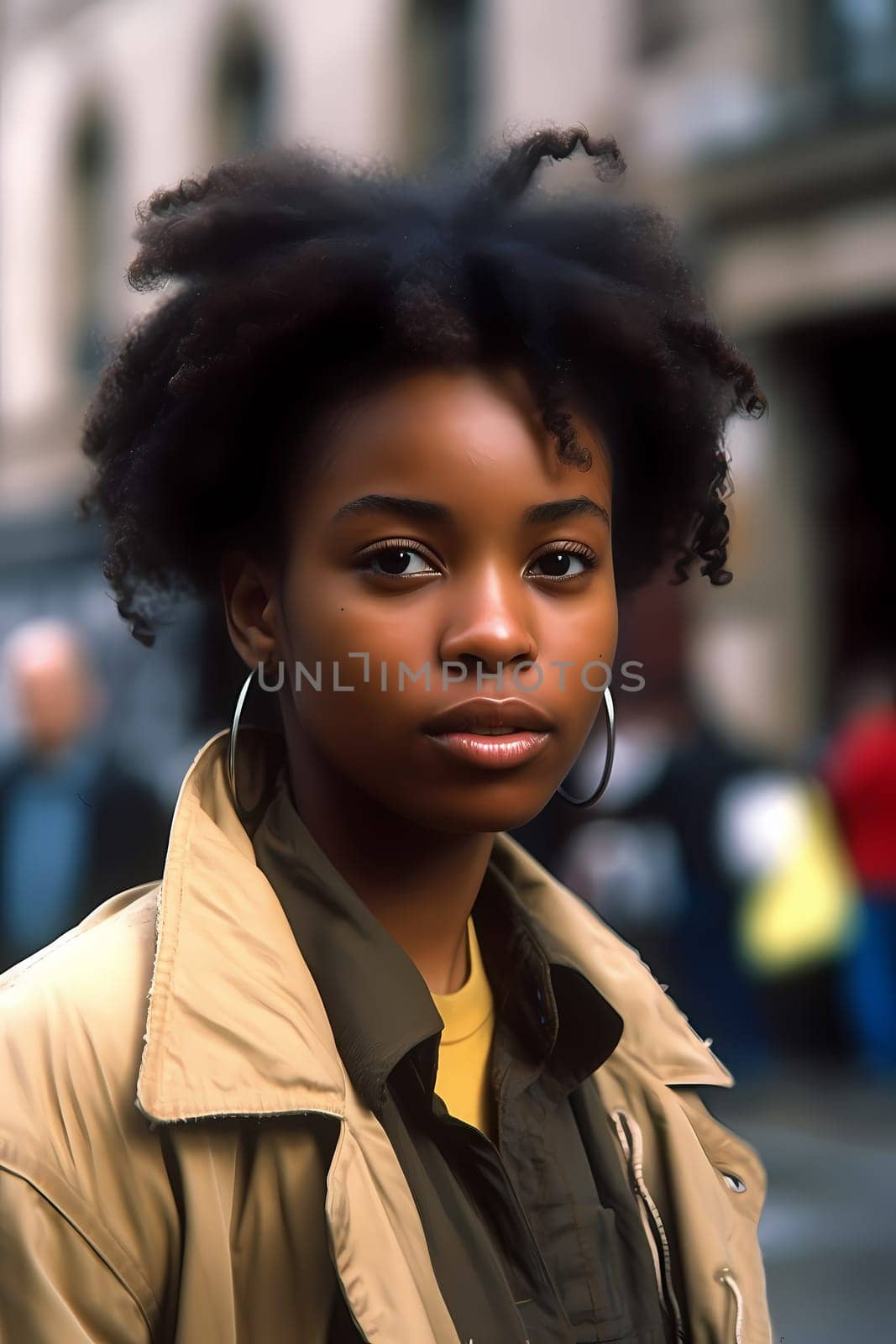 A young African American woman is captured in a city street. (generative AI)
