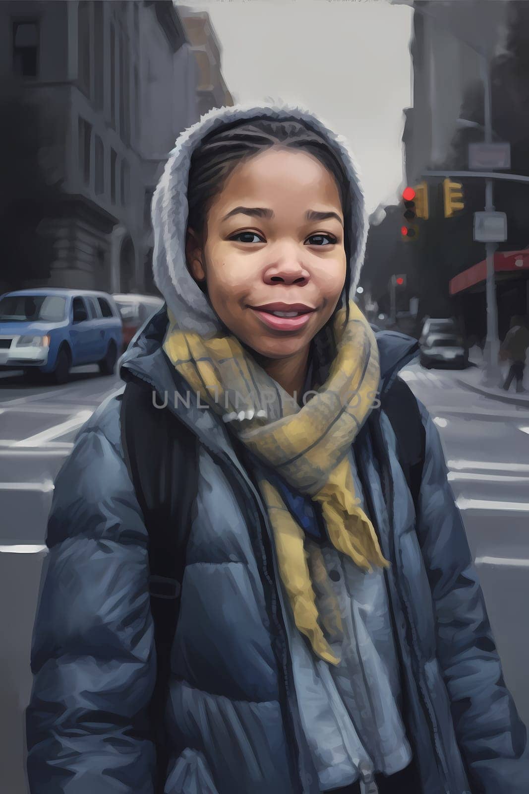 A young African American woman is captured in a city street. (generative AI)