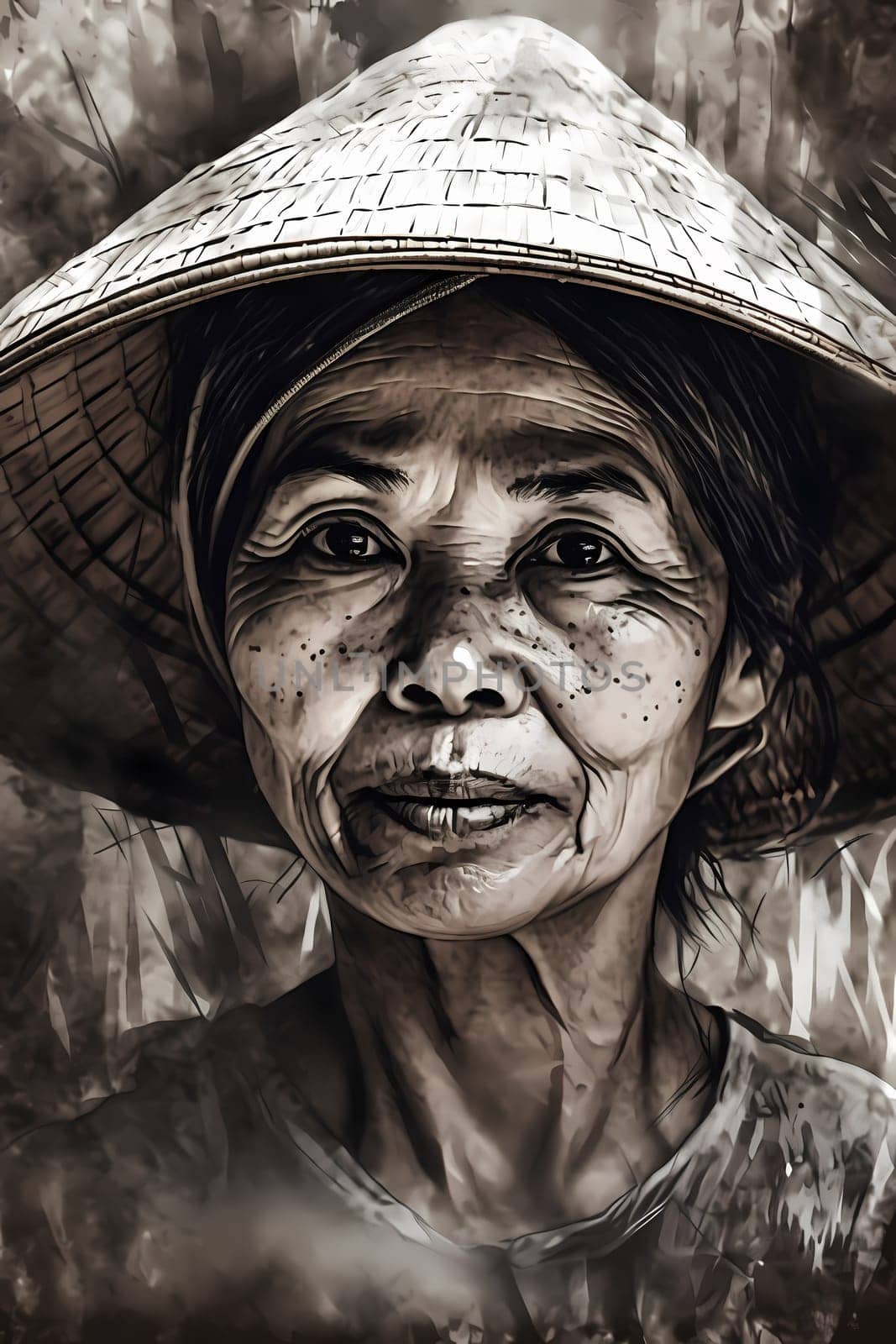 A woman 50 years old Asian is being portrayed in a beautiful rice field setting (generative AI)