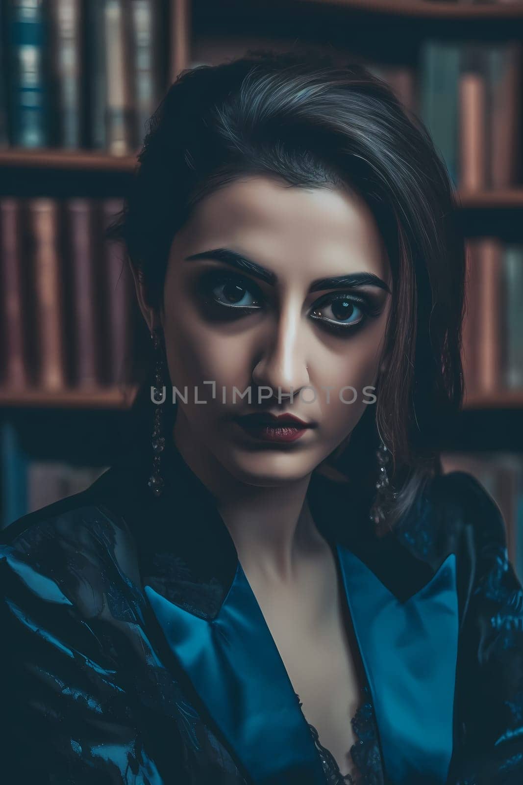 A young Middle Eastern woman is captured inside a peaceful library. (generative AI)