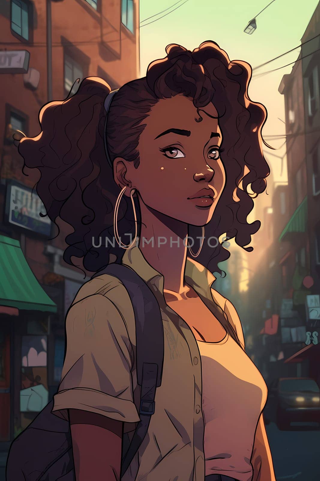A young African American woman is captured in a city street. (generative AI)