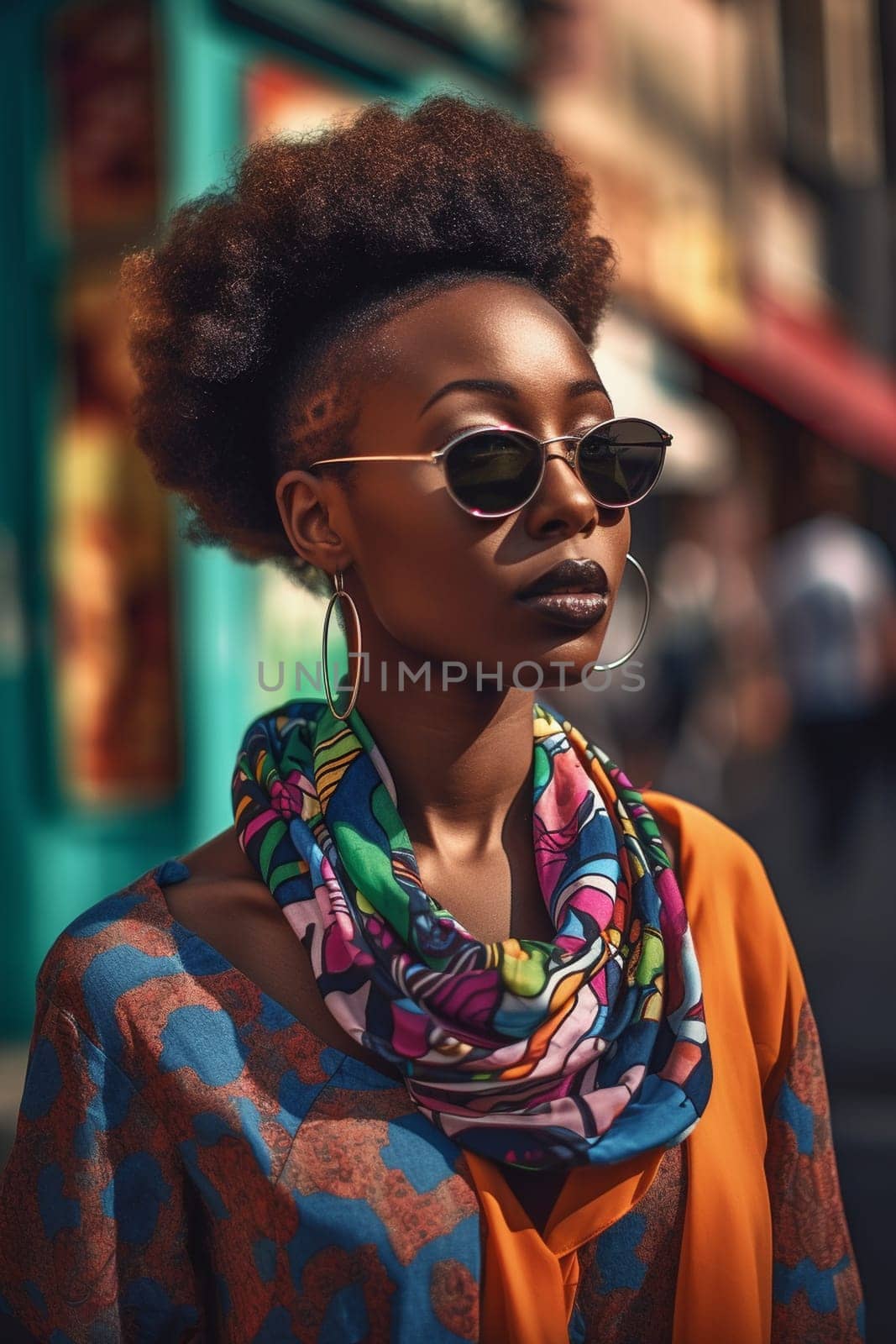A young African American woman is captured in a city street. (generative AI)