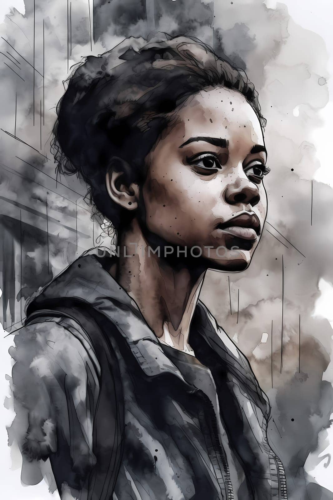 A young African American woman is captured in a city street. (generative AI)