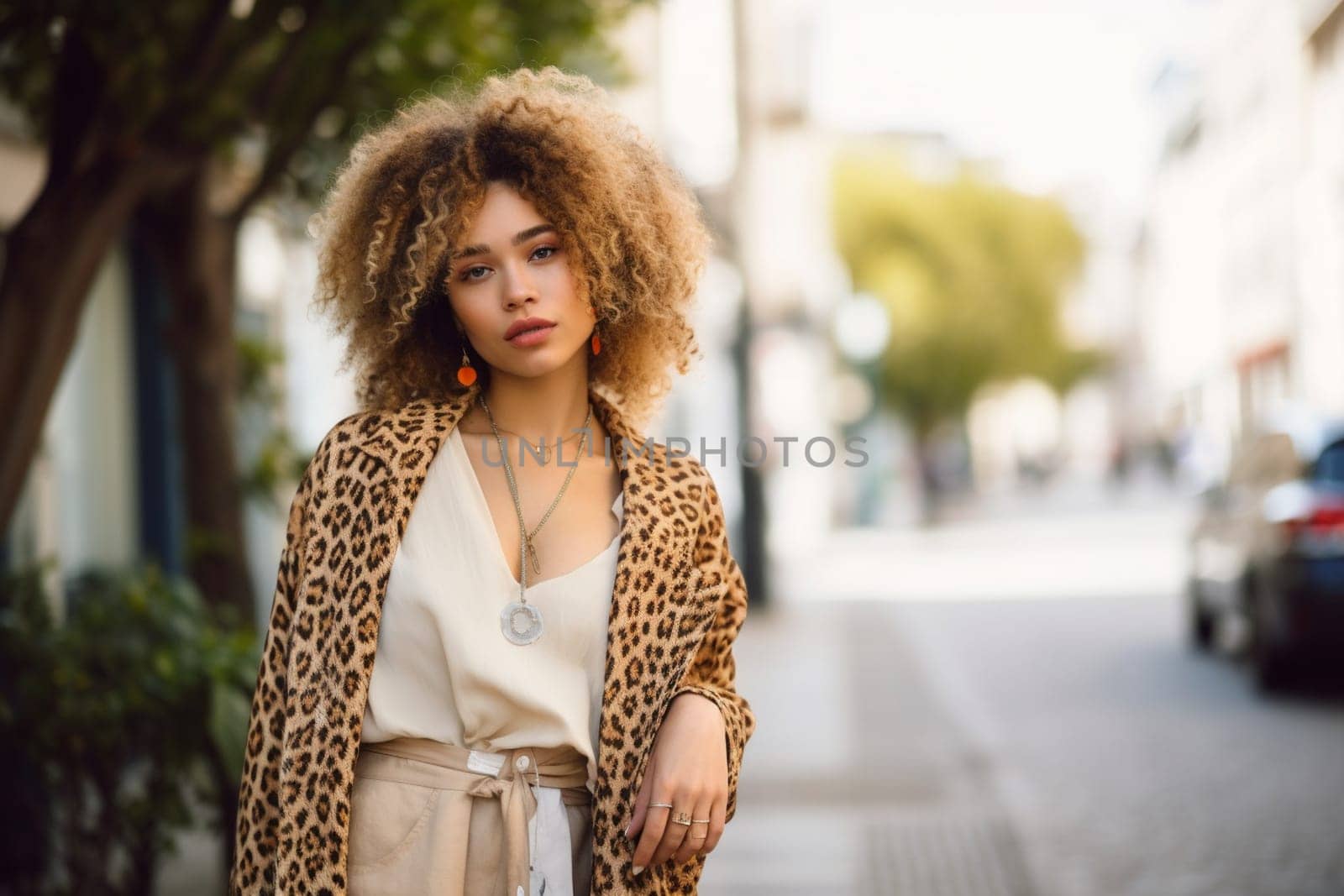 A young African American woman is captured in a city street. (generative AI)