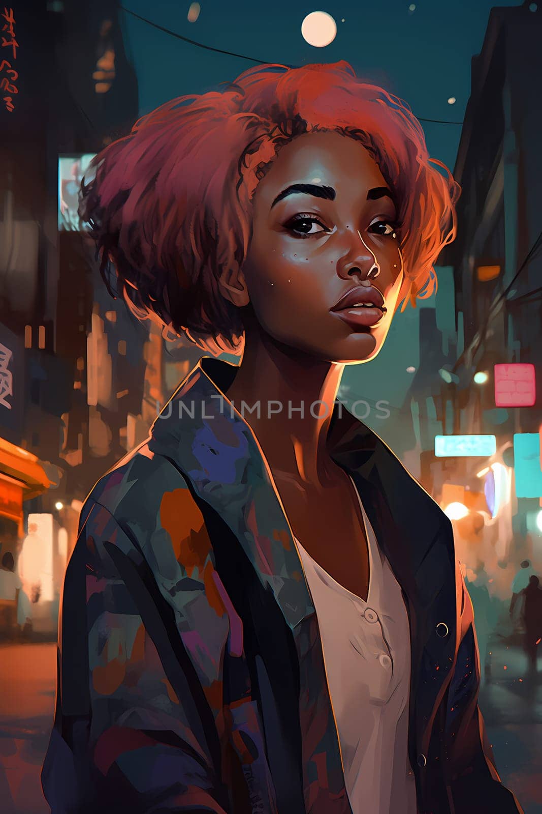 A young woman with braided hair and colorful clothing is posing in front of a graffiti-covered wall in an urban city. (generative AI)