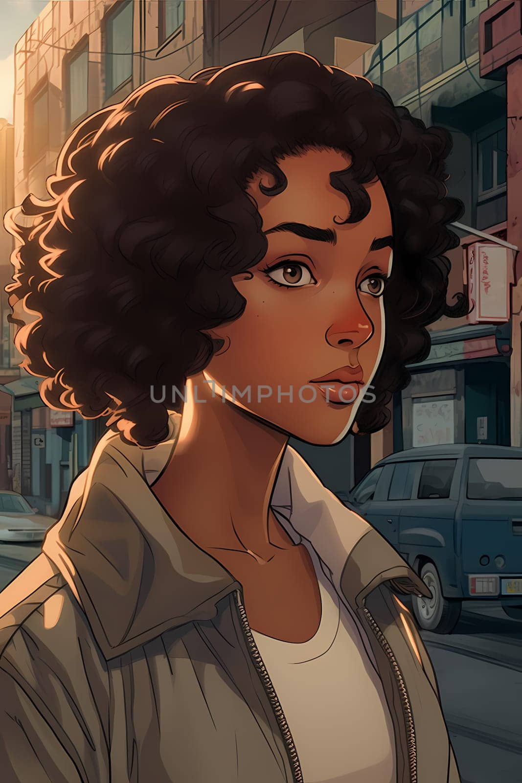 A young African American woman is captured in a city street. (generative AI)