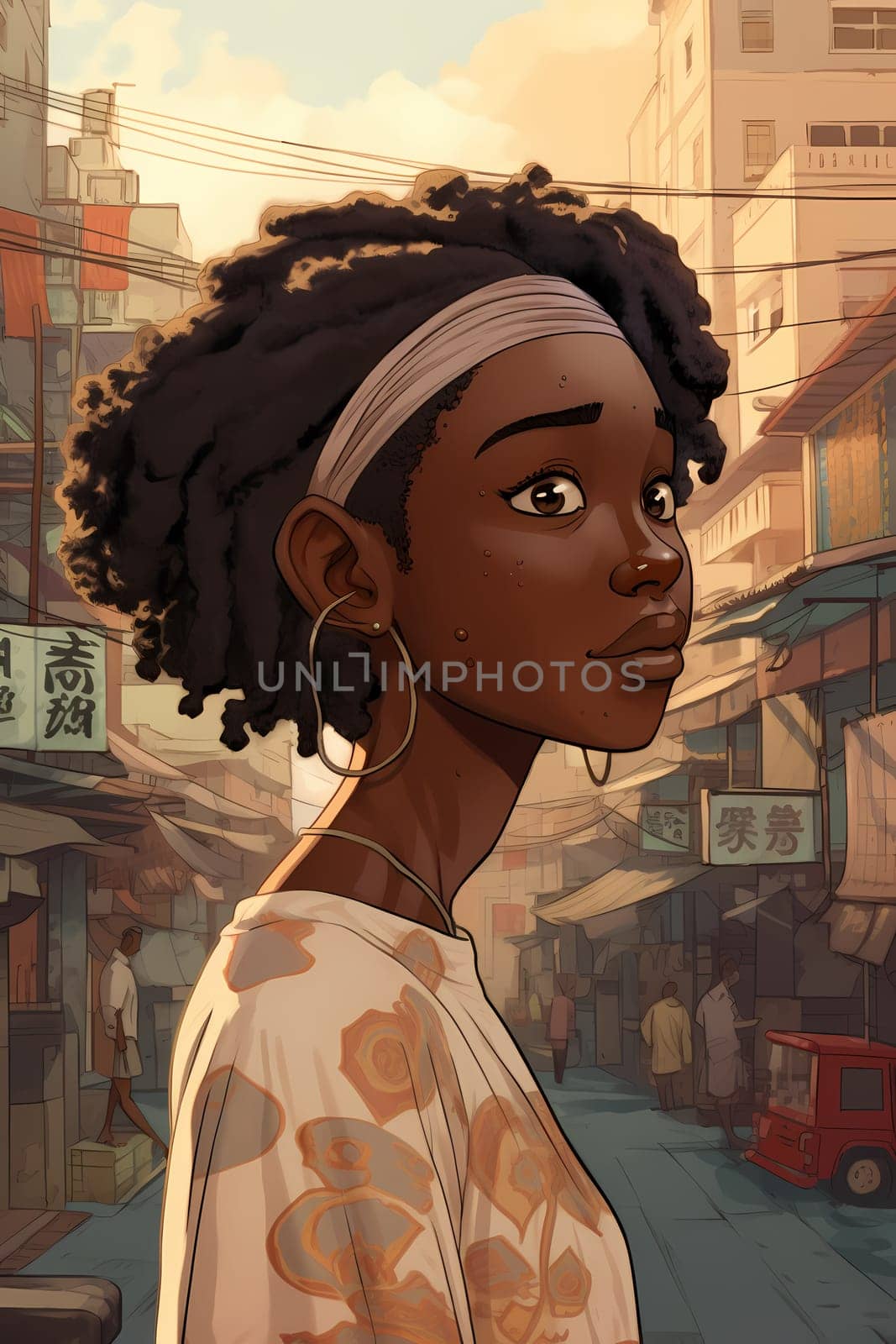 A young woman with braided hair and colorful clothing is posing in front of a graffiti-covered wall in an urban city. (generative AI)