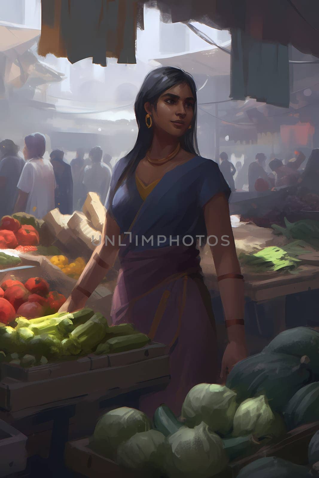 A young Indian woman wearing a saree stands smiling in a crowded and colorful market. (generative AI)