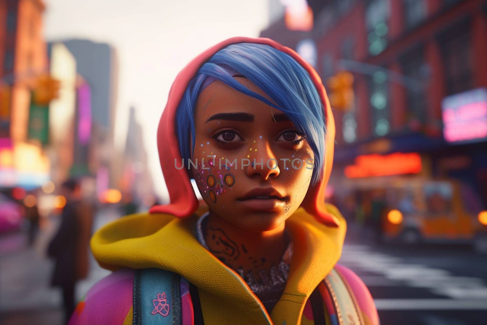 A young African American woman is captured in a city street. (generative AI)