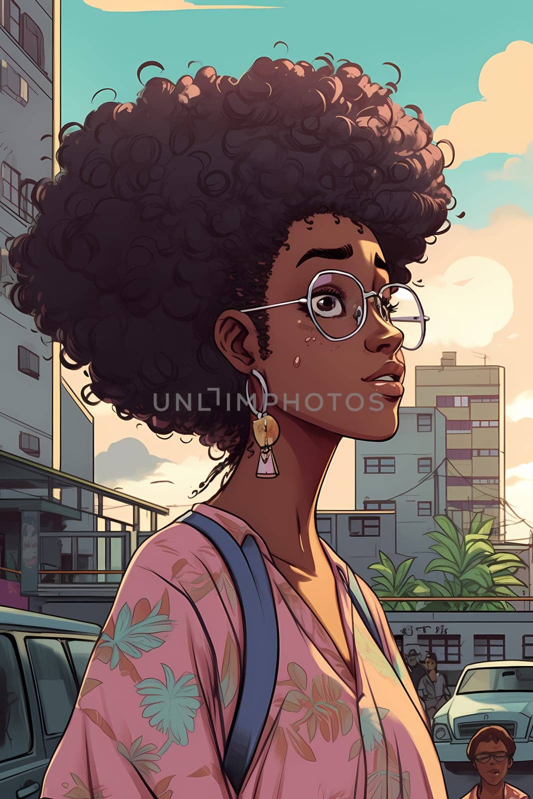 A young woman with braided hair and colorful clothing is posing in front of a graffiti-covered wall in an urban city. (generative AI)