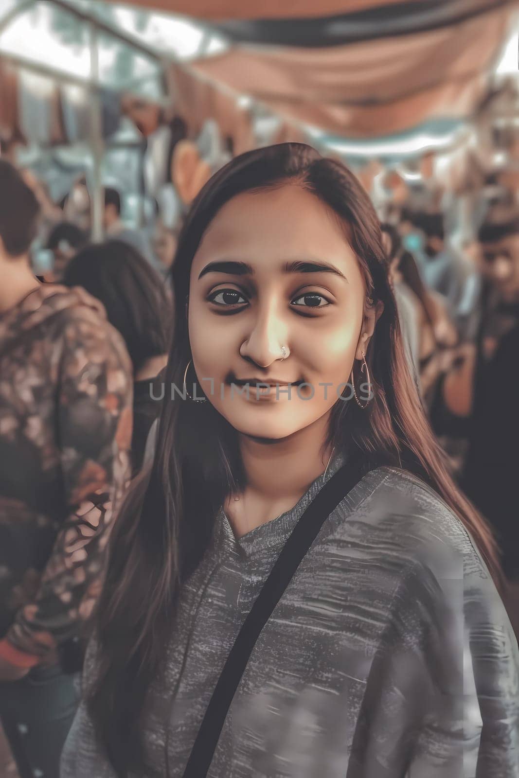 A young Indian woman wearing a saree stands smiling in a crowded and colorful market. (generative AI)