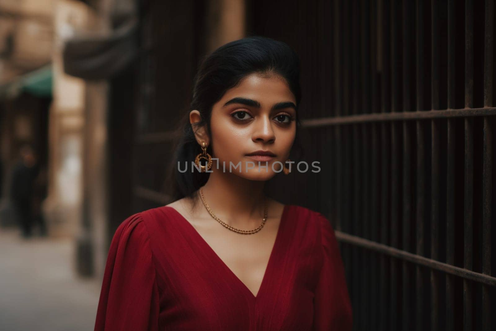 A young Indian woman wearing a saree stands smiling in a crowded and colorful market. (generative AI)