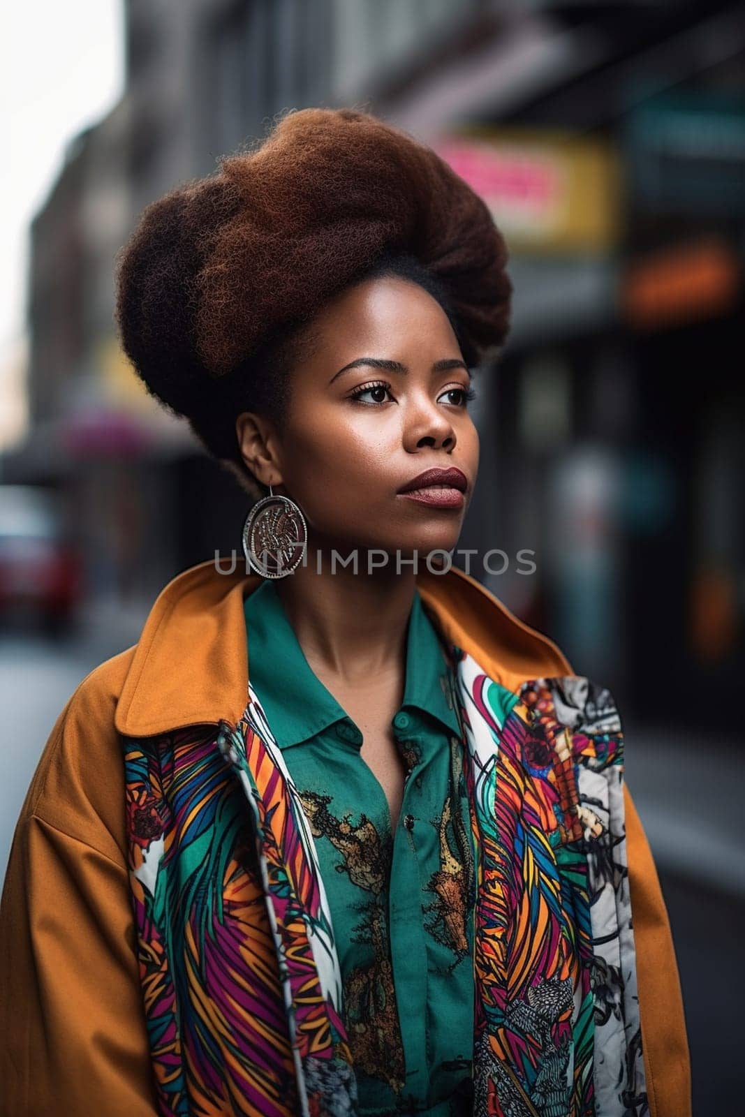 A confident African American woman of 30 years is seen on a bustling city street. (generative AI)
