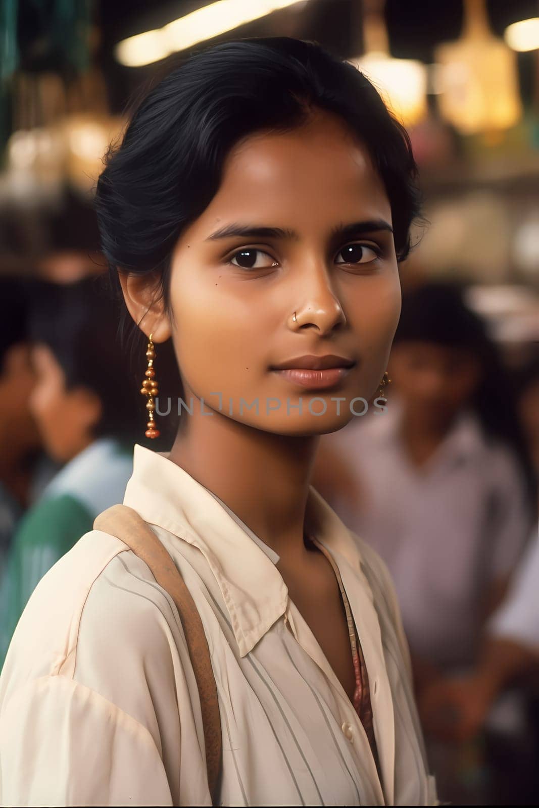 A young Indian woman wearing a saree stands smiling in a crowded and colorful market. (generative AI)