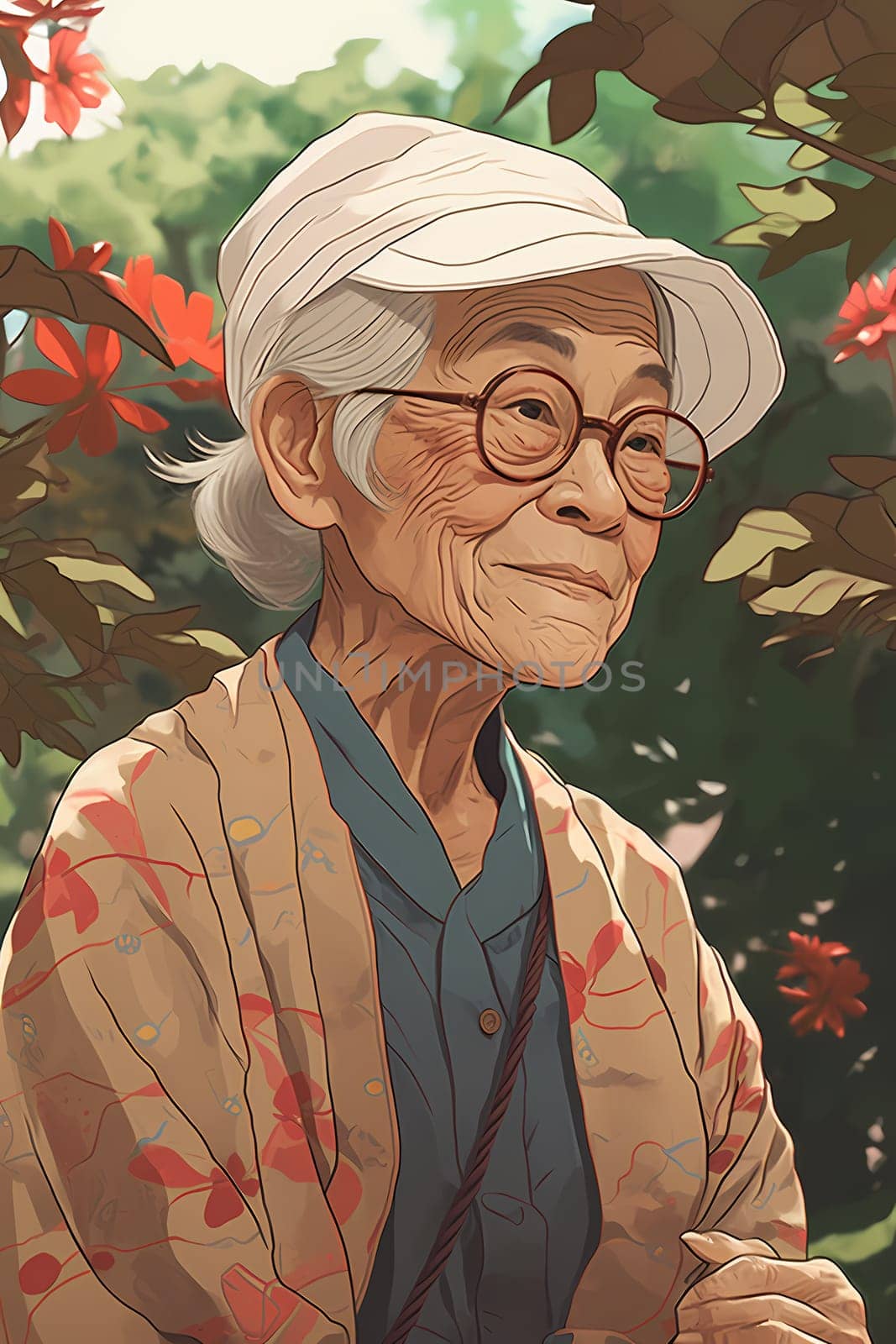 An elderly Asian woman is captured amid a serene garden. (generative AI)