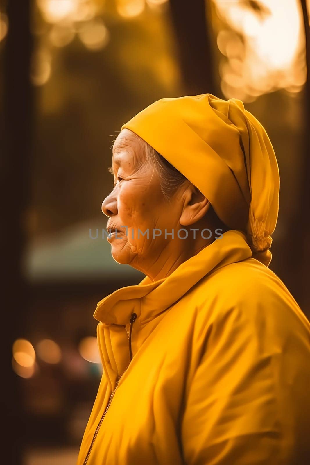 An elderly Chinese woman dressed in traditional clothes and carrying a parasol is standing in a serene garden. (generative AI)