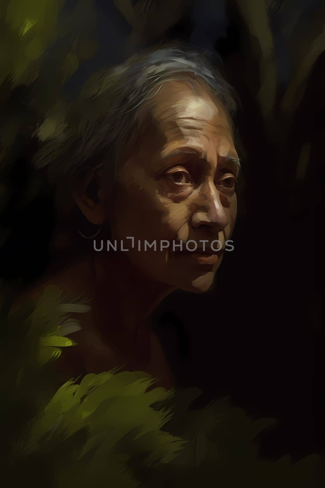 An elderly Asian woman is captured amid a serene garden. (generative AI)