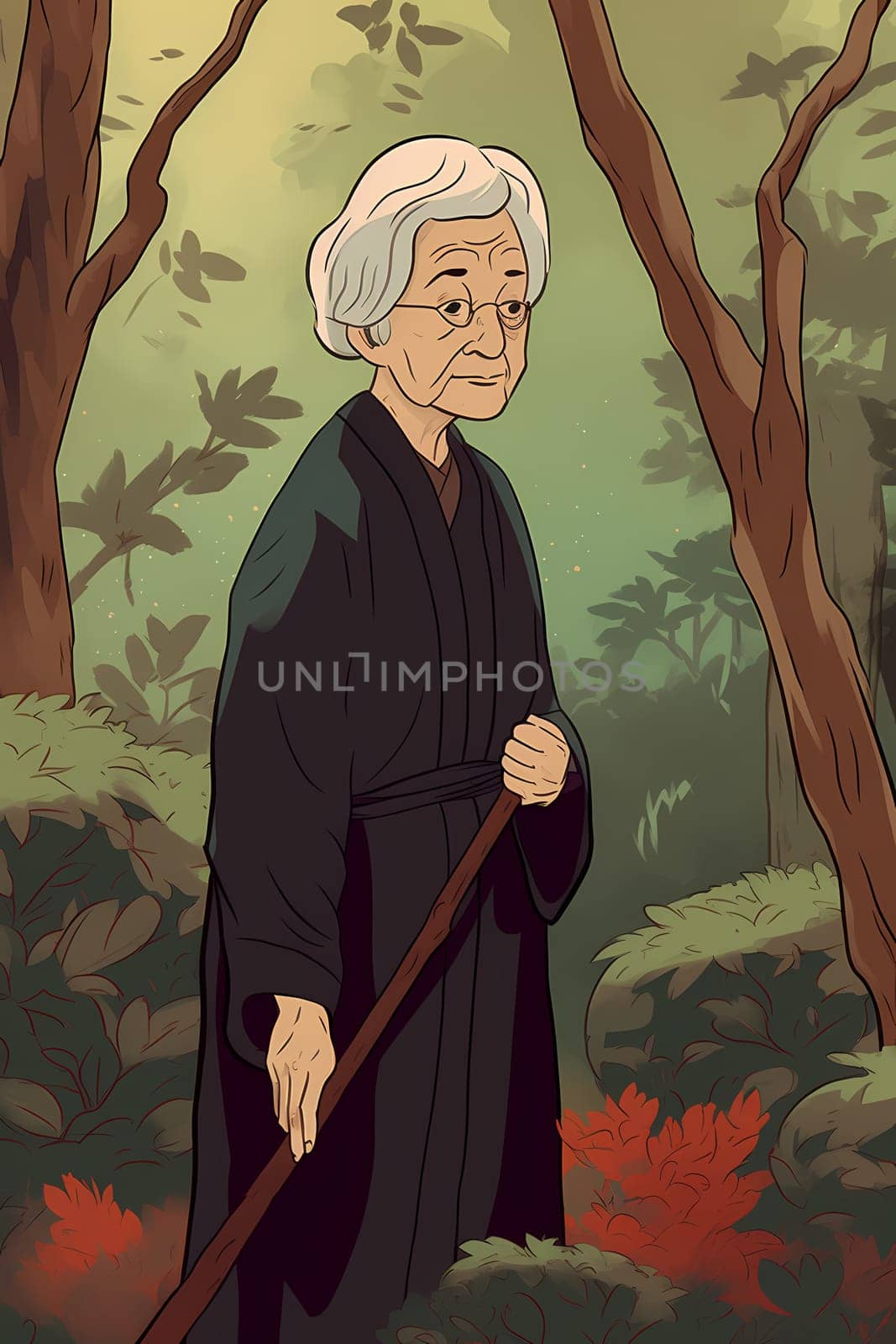 An elderly Asian woman is captured amid a serene garden. (generative AI)