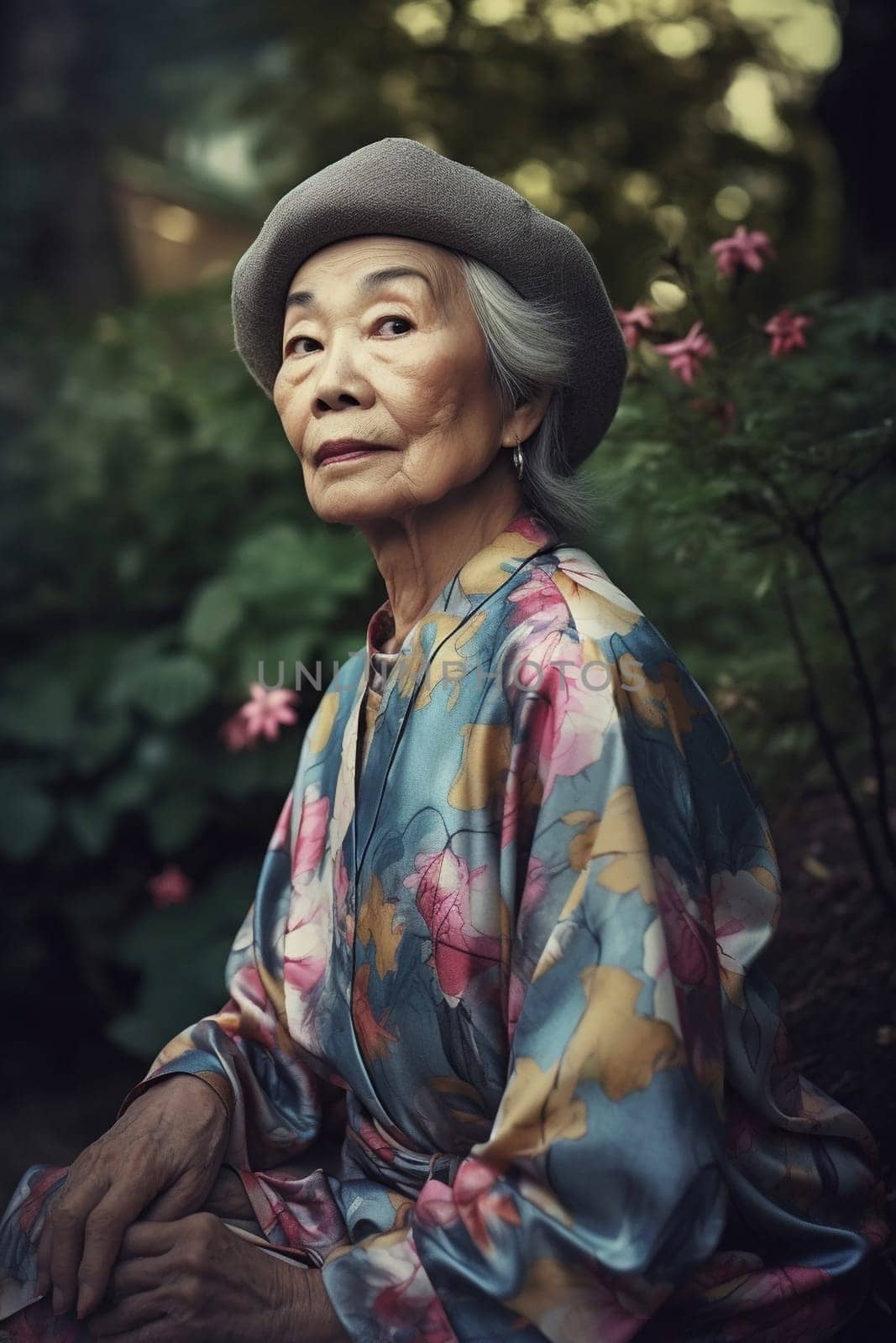 An elderly Asian woman is captured amid a serene garden. (generative AI)