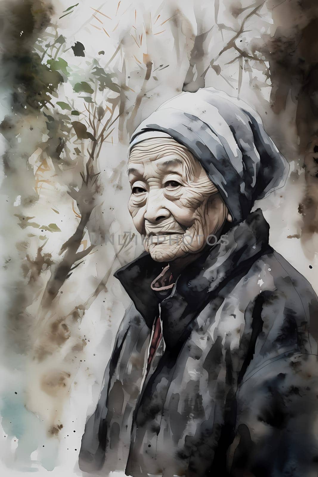 An elderly Chinese woman dressed in traditional clothes and carrying a parasol is standing in a serene garden. (generative AI)