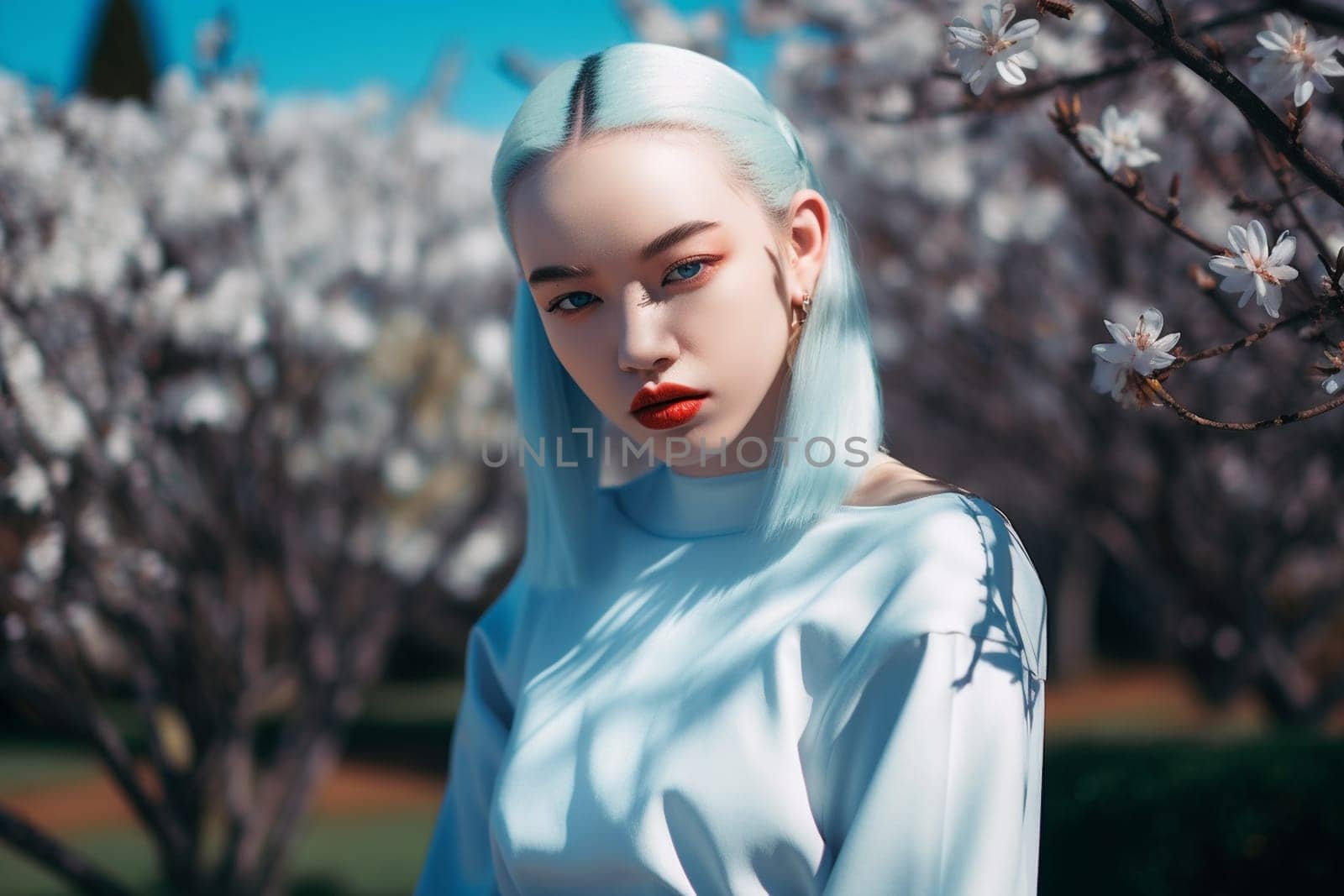 An elderly Asian woman is captured amid a serene garden. (generative AI)