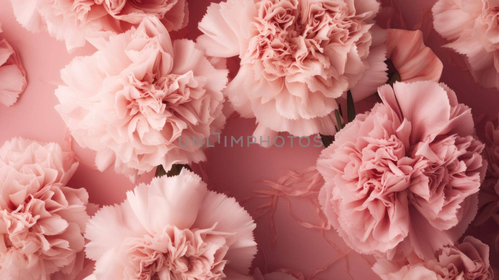 Pink carnations seen from a top view on a pink background. Created using Generative AI and image editing software.