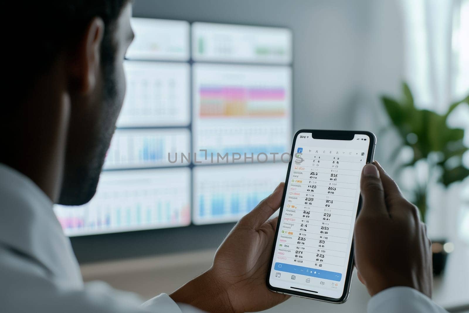 Analyzing stock market trends on a smartphone while surrounded by digital displays in a sleek, contemporary workspace.