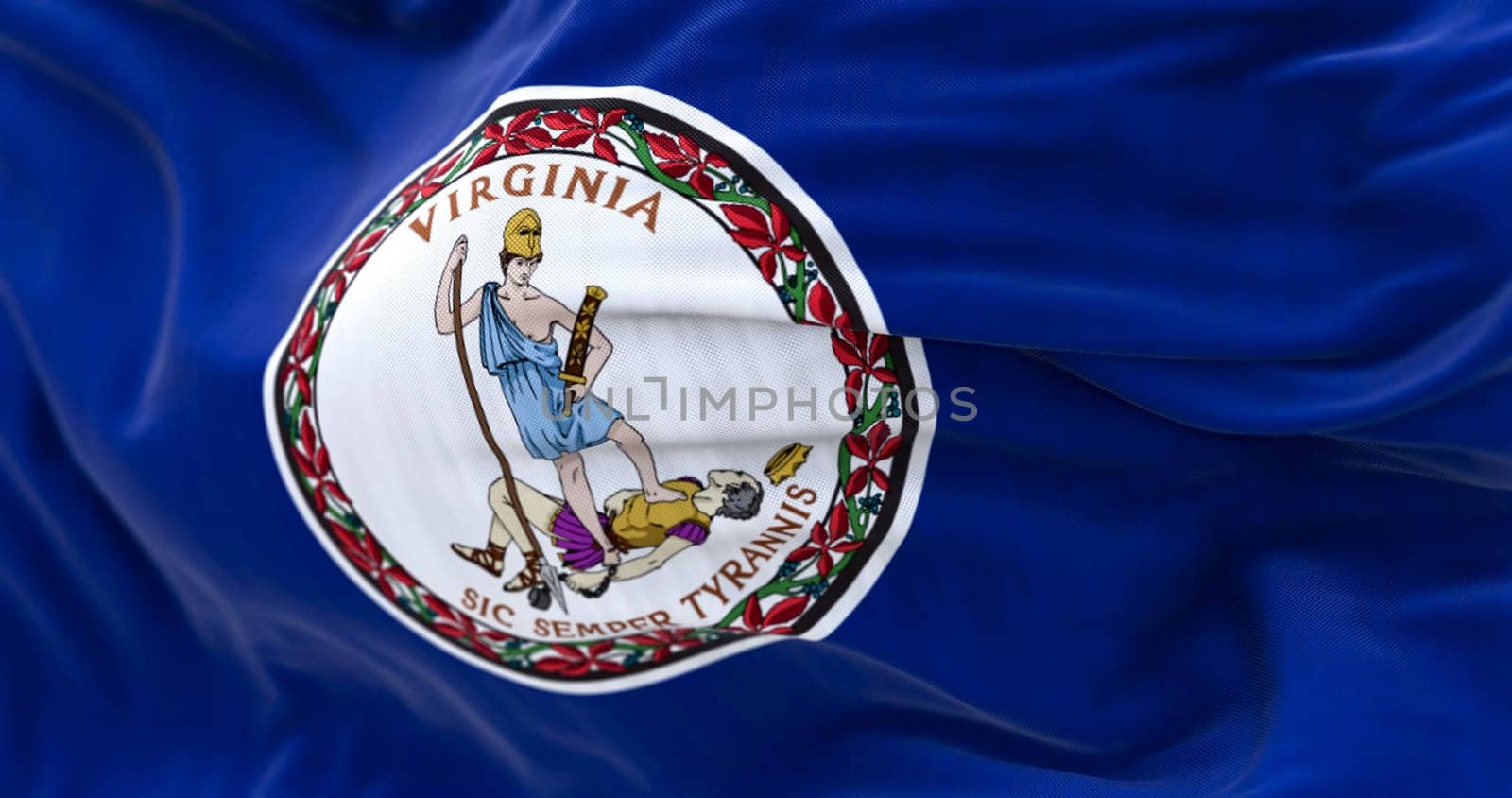 Close-up of Virginia state flag waving in the wind. Blue field with a white coat of arms in the center. 3d illustration render. Fluttering fabric. Selective focus