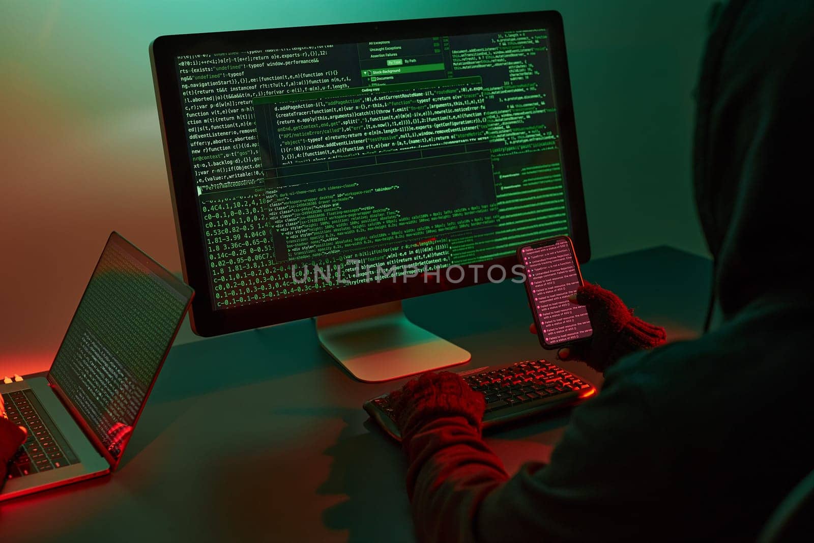 Anonymous people using computer and programming to break code. Cyber security threat. Internet and network security. Access to private information. Anonymous hackers using technology to access to password and encrypted data. Cyber attack
