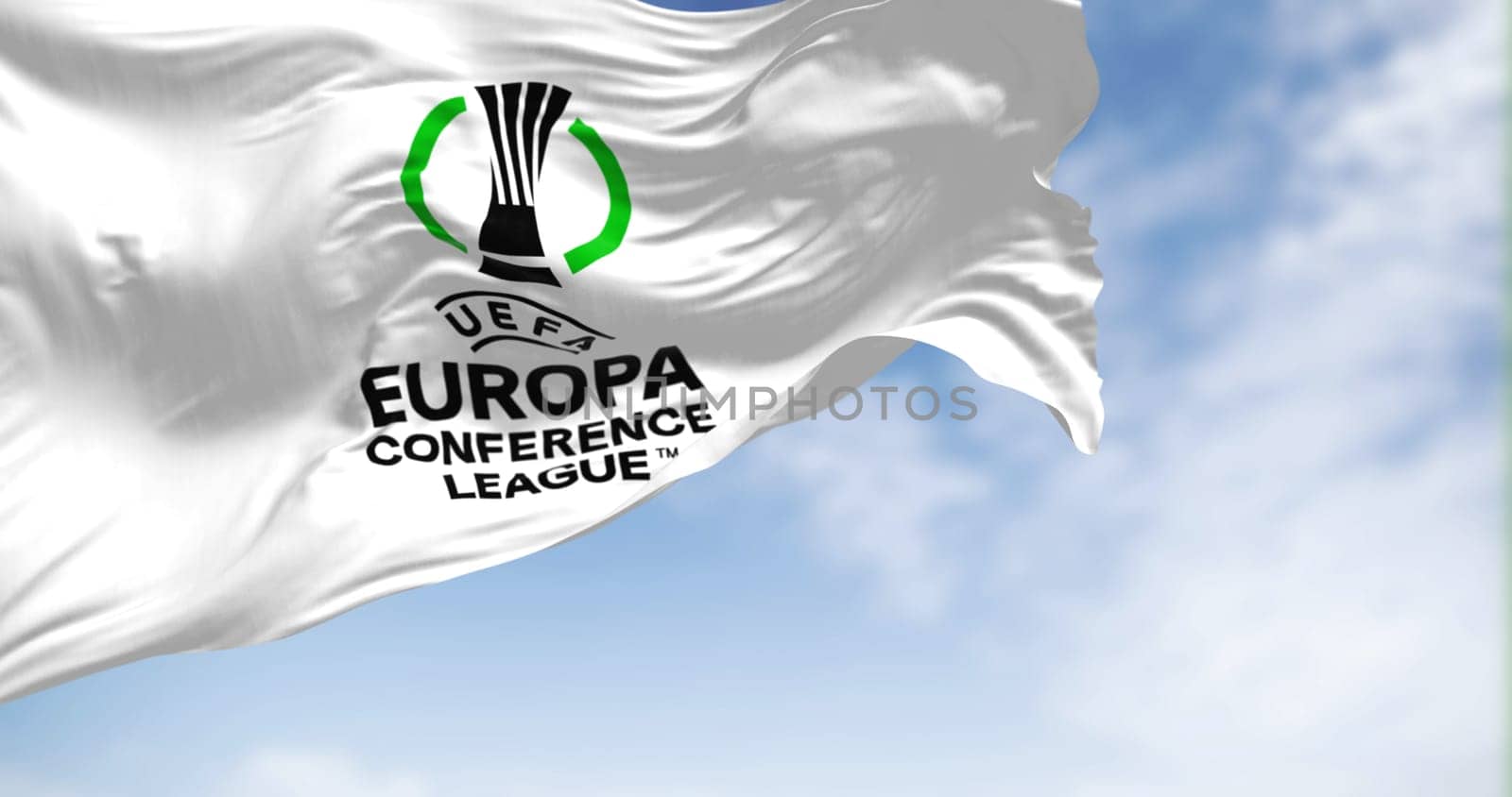 Prague, CZ, Apr. 2023: UEFA Europa Conference League flag waving. Europa Conference League is an annual football club competition for european clubs. illustrative editorial 3D illustration render