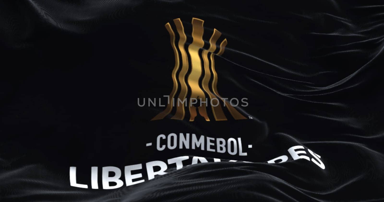Buenos Aires, ARG, Sept 2022: CONMEBOL Libertadores flag waving on a clear day. South American football competition organized annually by CONMEBOL. Illustrative editorial 3d illustration render