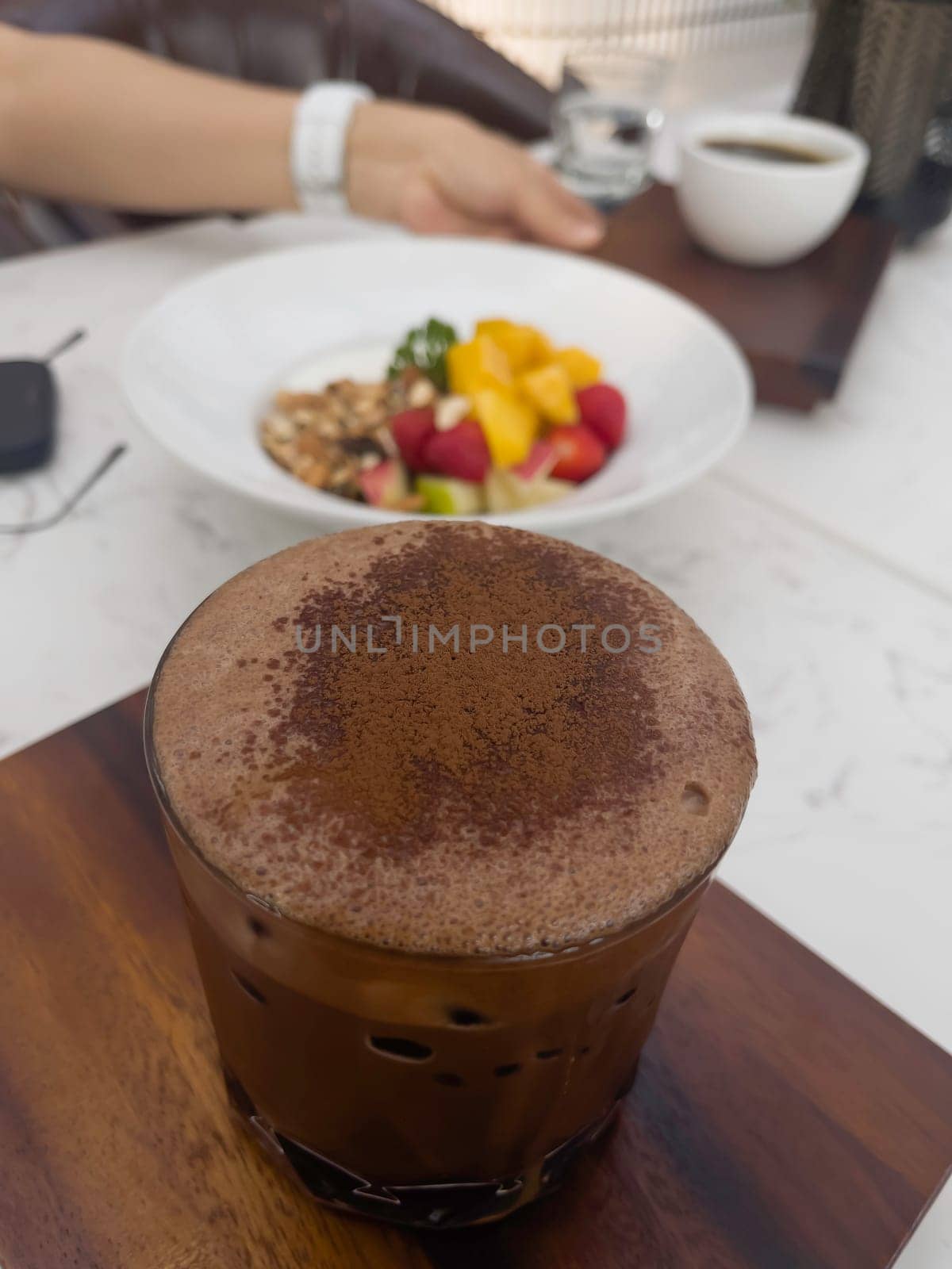 Dark chocolate latte in glass refreshment beverage drink, stock photo