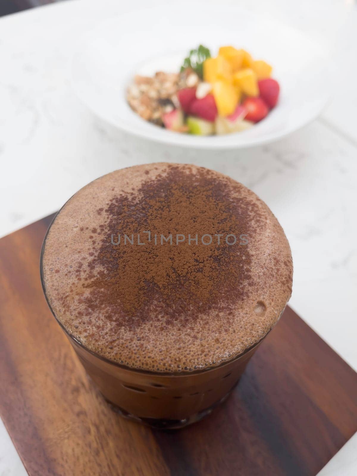 Dark chocolate latte in glass refreshment beverage drink, stock photo