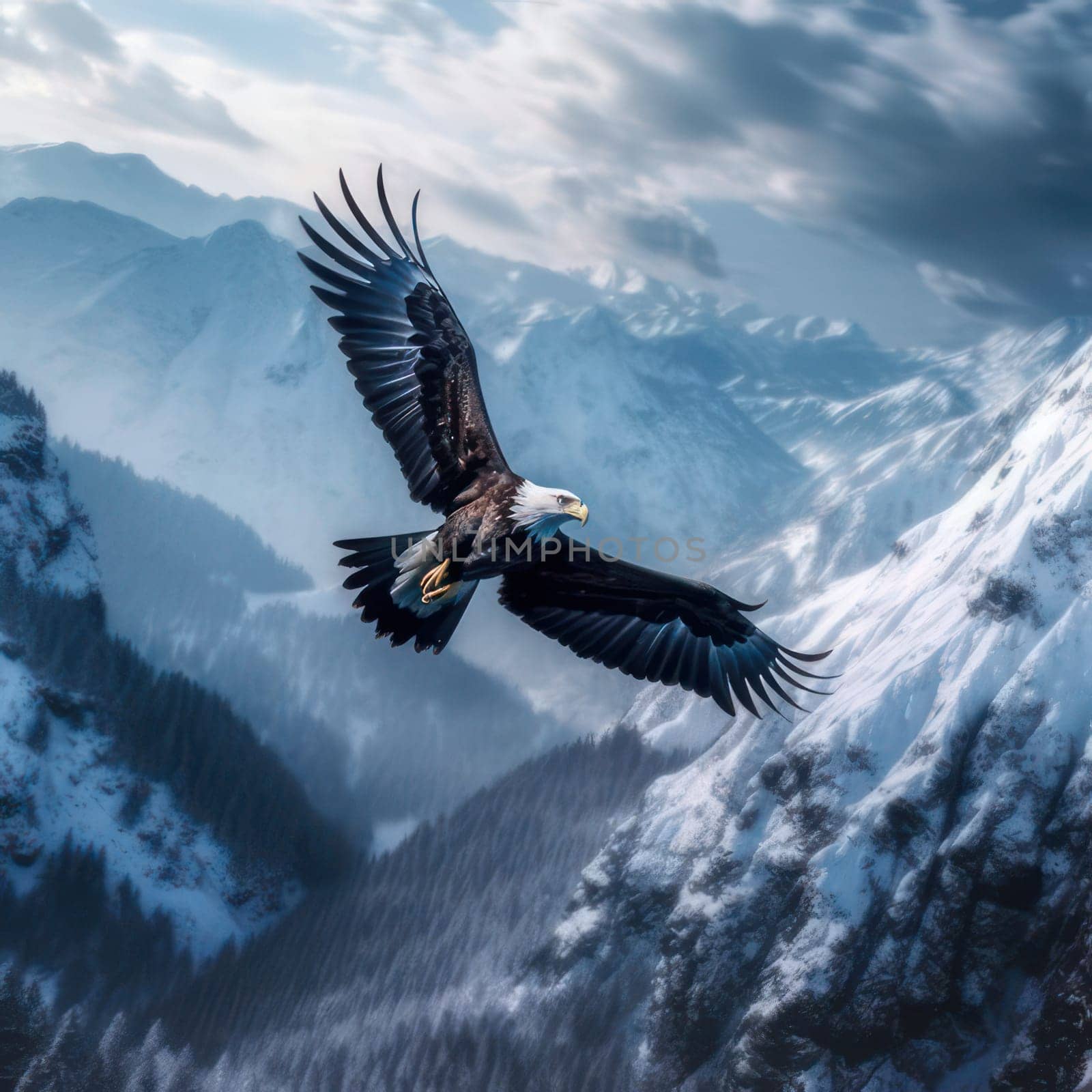 Eagle flying over snowy mountains