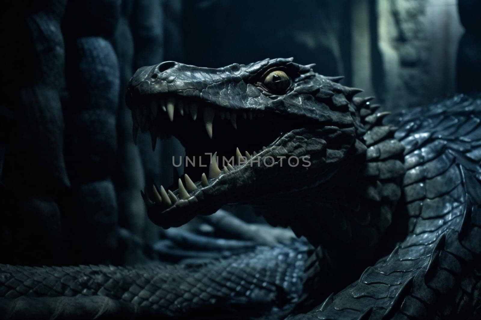 The basilisk is a legendary creature that can turn its victims to stone with its gaze. This fearsome and dangerous animal can be seen slithering through a dark dungeon with its piercing eyes, creating a moody and gothic scene that is both thrilling and terrifying. (generative AI)