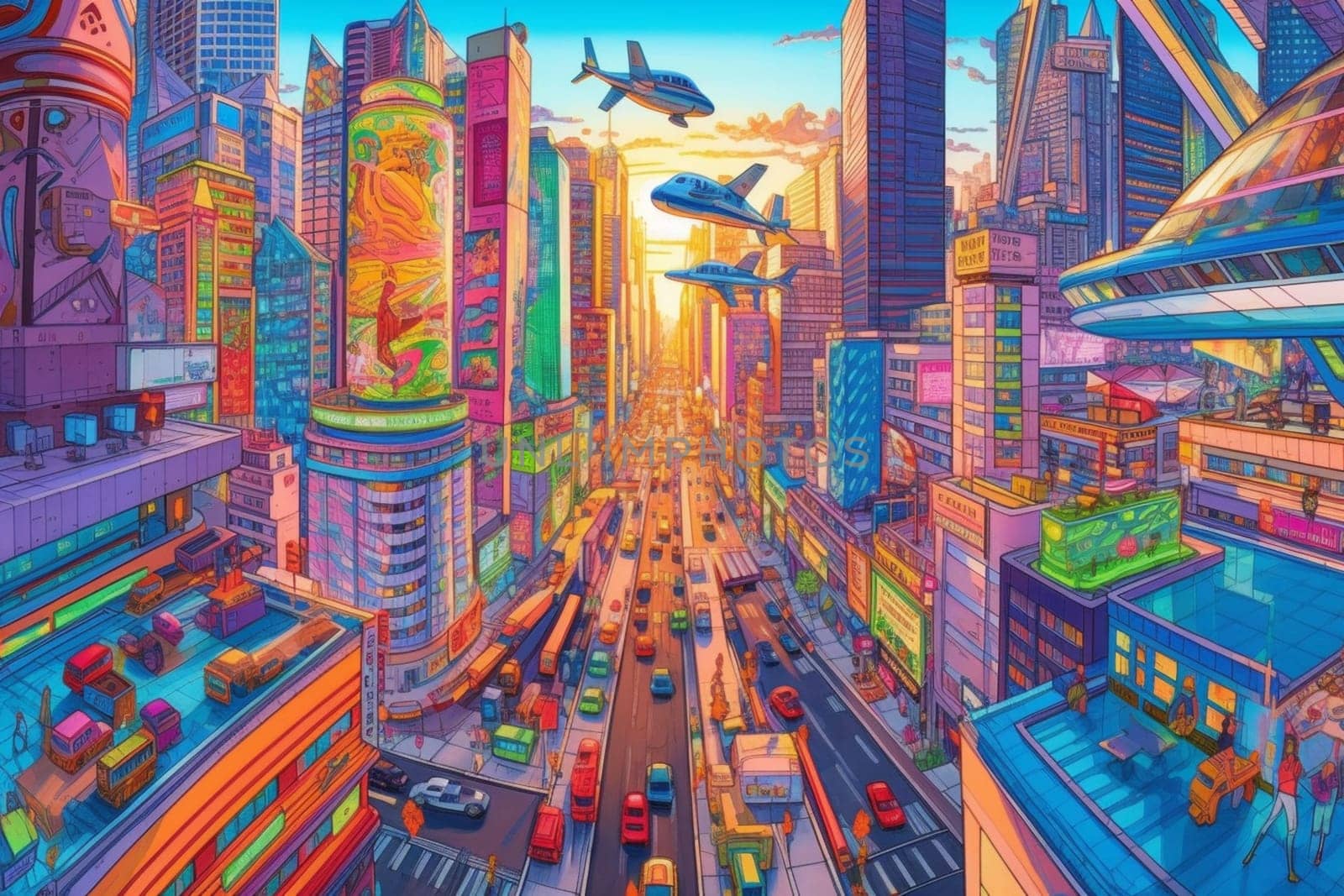 In the not-so-distant future, humanity has taken its technological advancements to new heights with a bustling cityscape filled with futuristic skyscrapers, flying cars, and brilliant holographic billboards. The energy and excitement is palpable, as businesspeople and entrepreneurs work tirelessly to innovate and push the boundaries of human progress. (generative AI)
