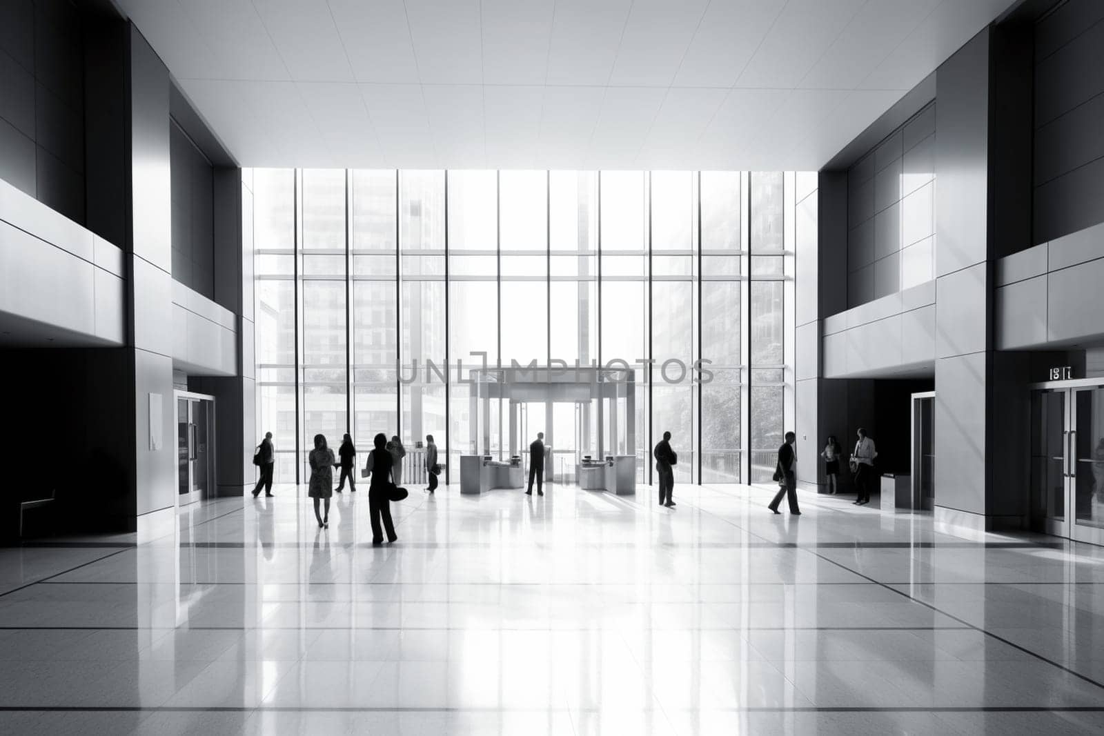 The vibrant energy of a busy office building lobby is palpable, as people buzz in and out of the glass doors. The sleek, modern design and monochromatic color scheme create an environment that is both stylish and professional. (generative AI)