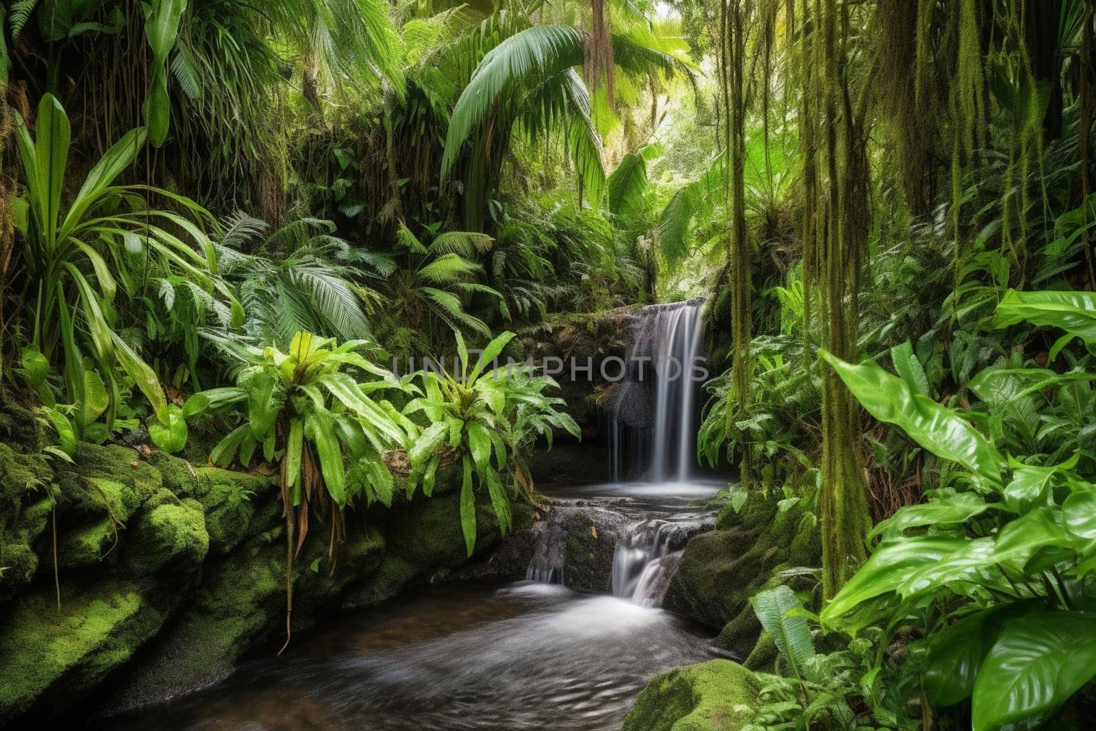The serene and tranquil landscape of a beautiful waterfall cascading through tropical greenery reflects the natural beauty of the scene. The panoramic view creates an immersive experience, whilst the high contrast provides an extra level of sophistication to the beautiful landscape photo. (generative AI)