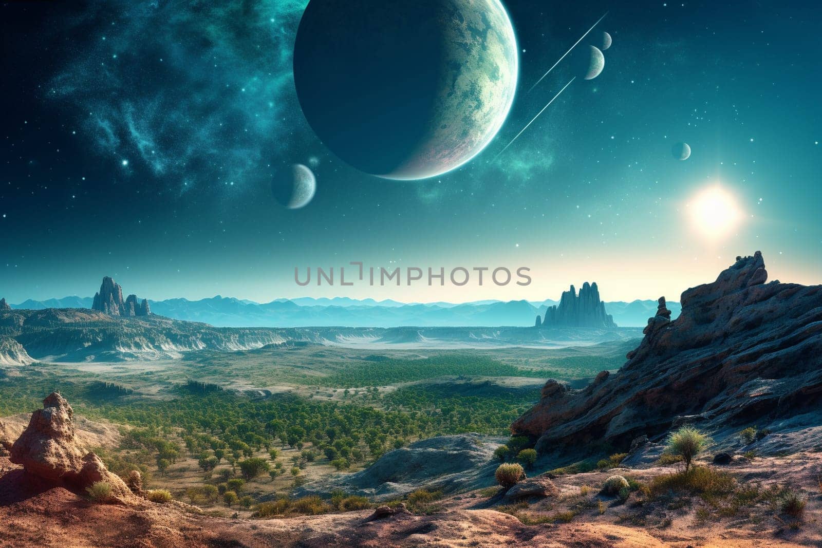 On this distant planet, the ocean's colors are astounding. The shades of greens and blues mix and meld together in a beautiful tapestry of colors. The surreal landscape, with its strange rock formations and unusual flora, only adds to the majestic beauty of this alien world. (generative AI)