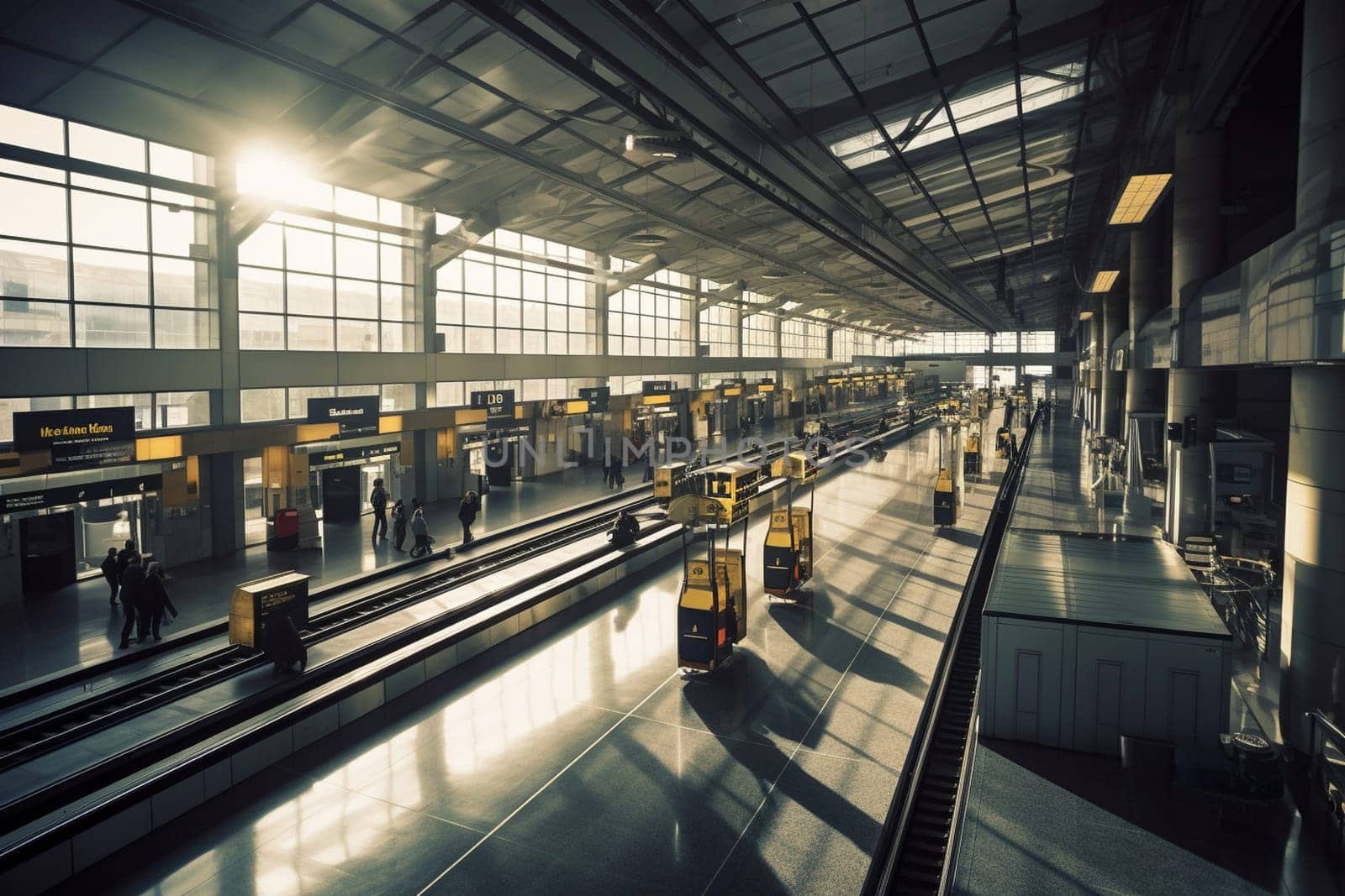 The modern transportation infrastructure that is the world of air travel never sleeps. In this busy airport terminal, a well-coordinated system of gates, agents, screening areas and streamlined processing contributes to a seamless customer experience. Business travelers are constantly in transit, and the appearance of the smooth integration of travel and business is achieved with an abundance of moving parts, all in perfect sync. (generative AI)