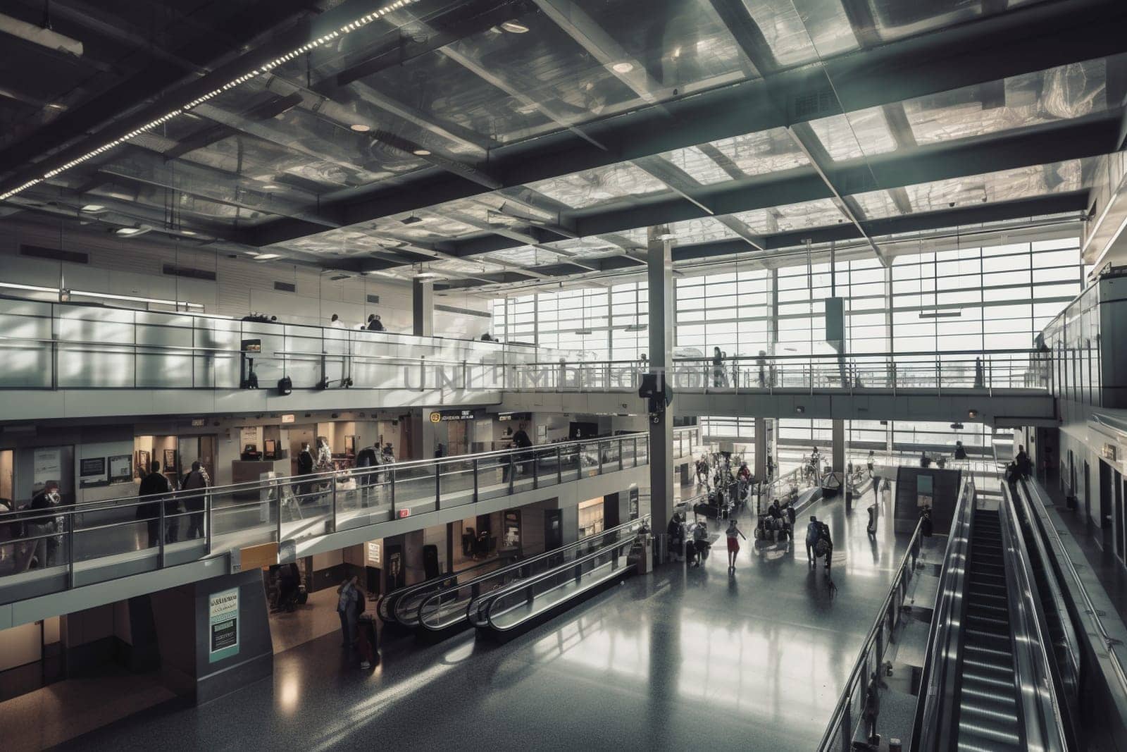 The modern transportation infrastructure that is the world of air travel never sleeps. In this busy airport terminal, a well-coordinated system of gates, agents, screening areas and streamlined processing contributes to a seamless customer experience. Business travelers are constantly in transit, and the appearance of the smooth integration of travel and business is achieved with an abundance of moving parts, all in perfect sync. (generative AI)