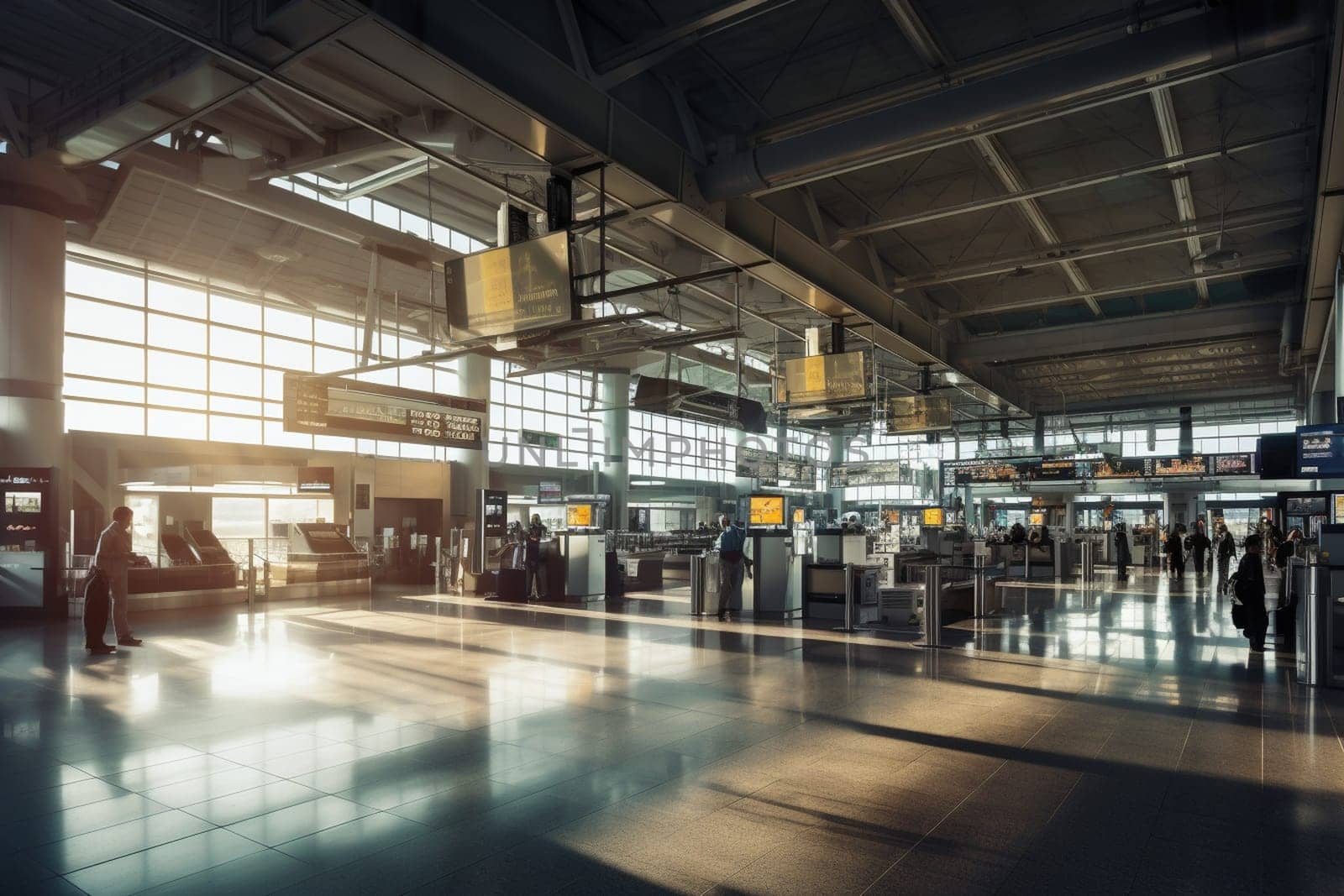The modern transportation infrastructure that is the world of air travel never sleeps. In this busy airport terminal, a well-coordinated system of gates, agents, screening areas and streamlined processing contributes to a seamless customer experience. Business travelers are constantly in transit, and the appearance of the smooth integration of travel and business is achieved with an abundance of moving parts, all in perfect sync. (generative AI)
