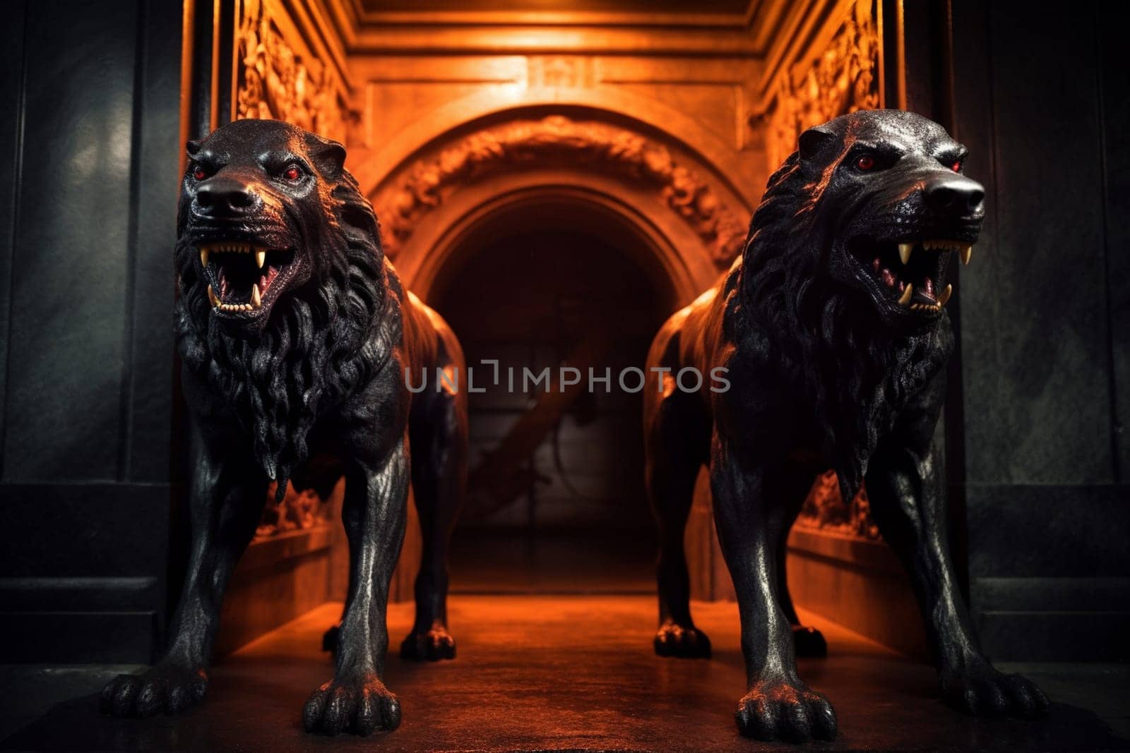 Cerberus is a mythical three-headed dog that guards the gates of the underworld. This infernal creature can be seen snarling and baring its sharp teeth, its eyes glowing with an ominous red light. The fiery lighting, dramatic shadows, and gothic vibe only add to the macabre atmosphere of the scene. (generative AI)