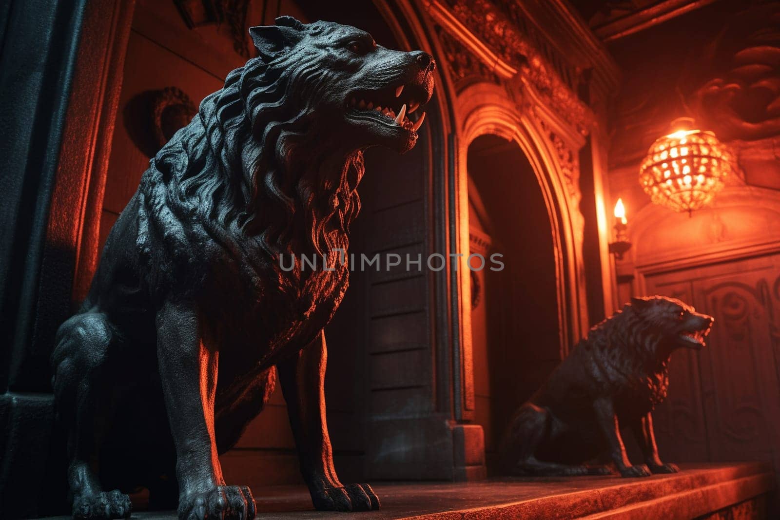 Cerberus is a mythical three-headed dog that guards the gates of the underworld. This infernal creature can be seen snarling and baring its sharp teeth, its eyes glowing with an ominous red light. The fiery lighting, dramatic shadows, and gothic vibe only add to the macabre atmosphere of the scene. (generative AI)
