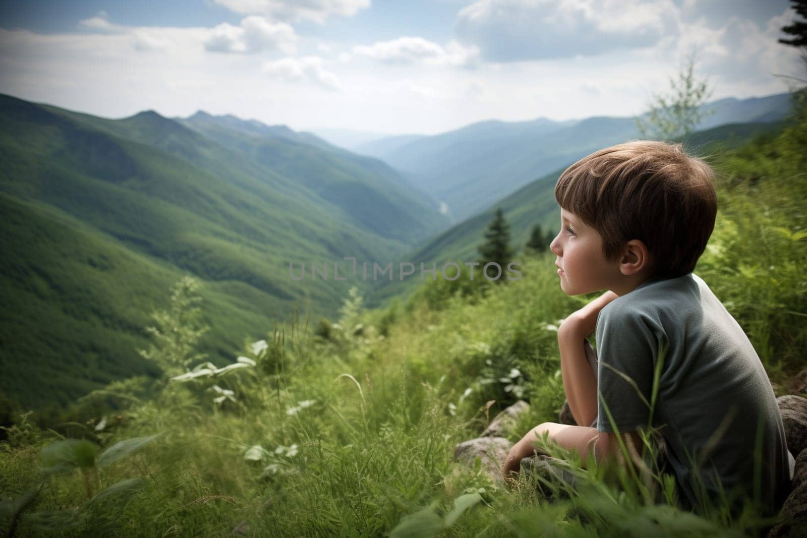 A child sits, lost in thought, as they gaze out over the vast and mountainous landscape before them. The natural and serene atmosphere captures the essence of contemplation and introspection, inducing a sense of peace and reflection. This scene is perfect for those looking to explore their curiosity and inner thoughts. (generative AI)