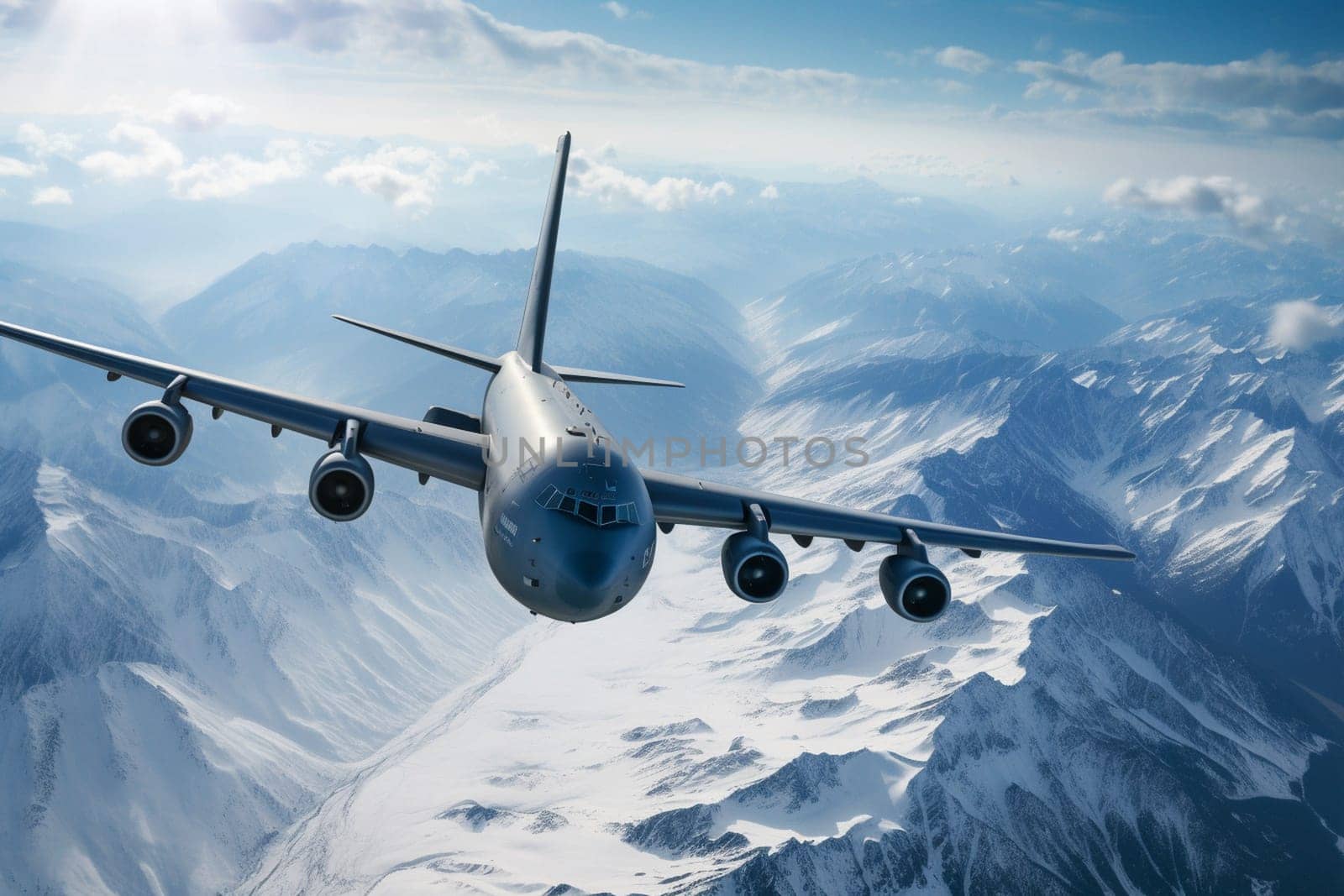 A sturdy cargo plane soars over the majestic snowy mountains of a vast winter landscape, high above the clouds. The panoramic view from high-altitude and photorealistic blue tones combine to create a dramatic and adventurous atmosphere in this awe-inspiring scene. (generative AI)