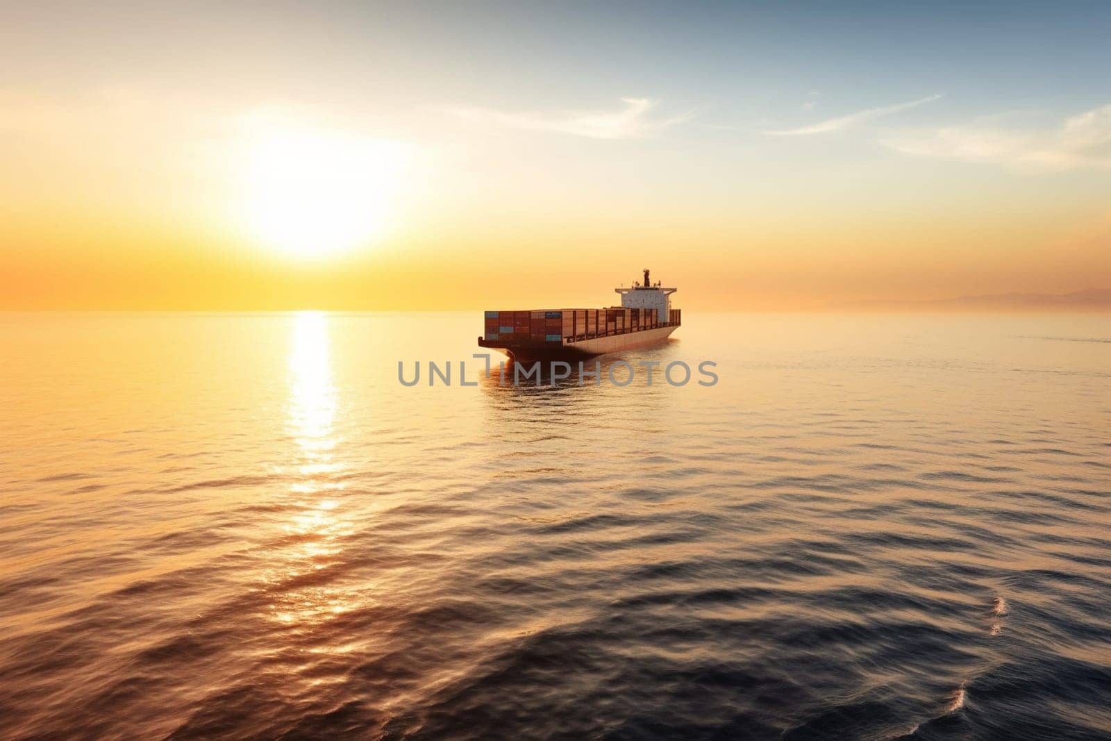 A large cargo ship loaded with containers, sets sail amidst the tranquil blue sea at the break of dawn. The warm yellow-golden hues of the sunrise reflects on the calm water, providing a serene ambiance as the massive cargo ship glides through the vast ocean. (generative AI)