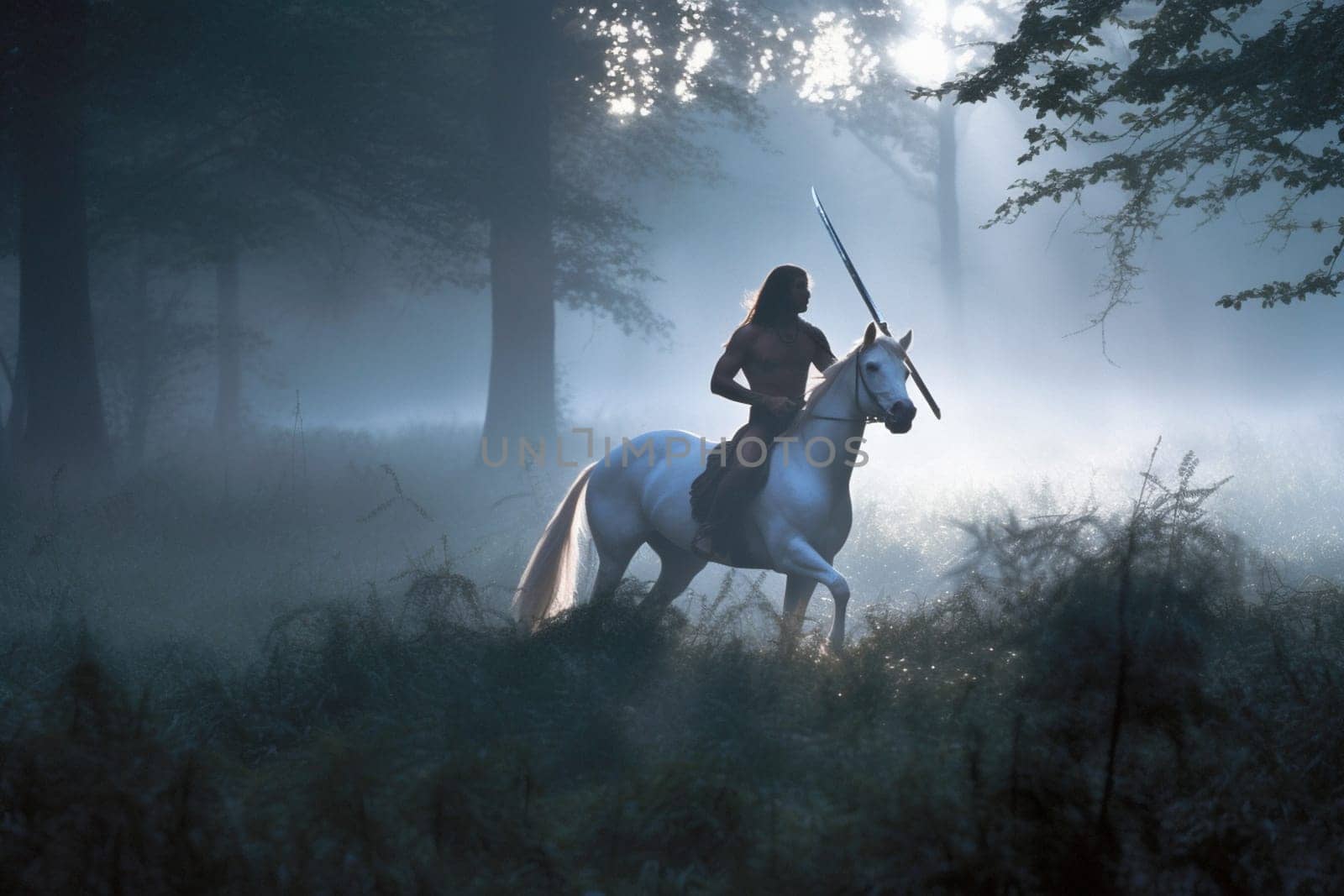 The centaur, a mythological creature with the upper body of a human and lower body of a horse, is galloping through a misty meadow, wielding a shining sword. The contrast between the dark and misty meadow and the shining armor of the centaur creates a majestic and breathtaking scene, while the epic and heroic presence of the centaur adds a sense of excitement and adventure. (generative AI)