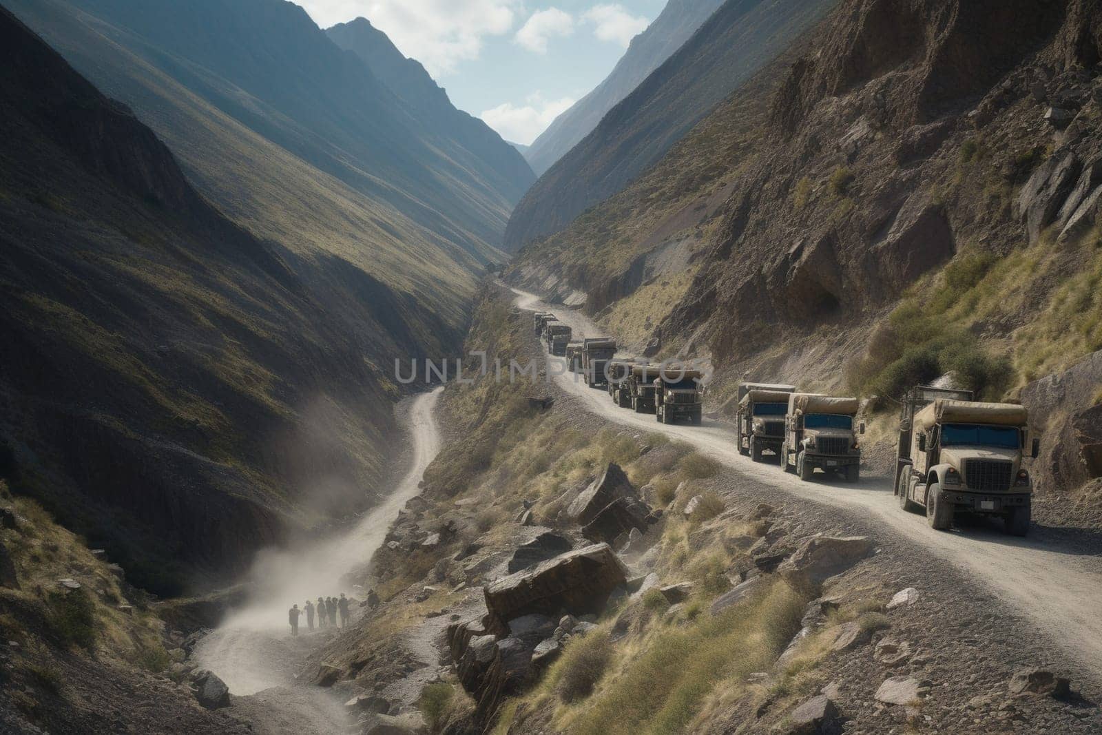 A group of military trucks makes its way carefully along a rocky, treacherous mountain route, the drivers constantly on the lookout for danger. The trucks are heavily armored, with mounted machine guns and other weaponry at the ready. (generative AI)
